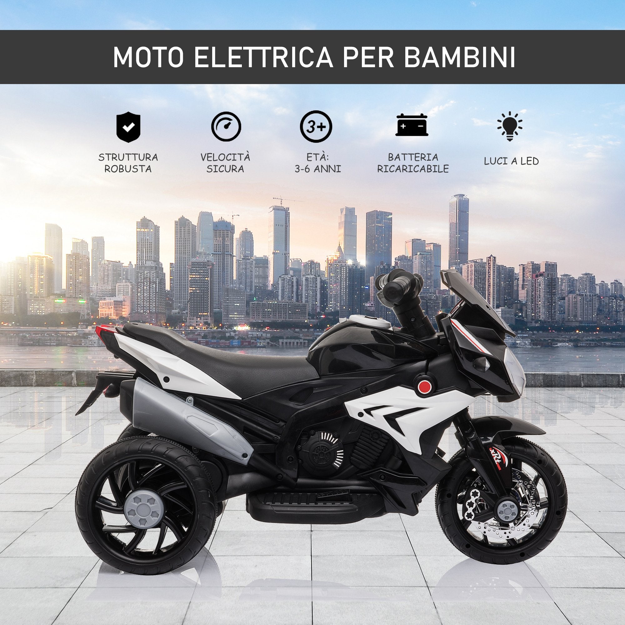 Easycomfort Moto Elettrica per Bambini 3-5 Anni Max. 25kg with Luci, Musica, Batteria 6V e Velocità 3km/h, 86cmx42cmx52cm Nera