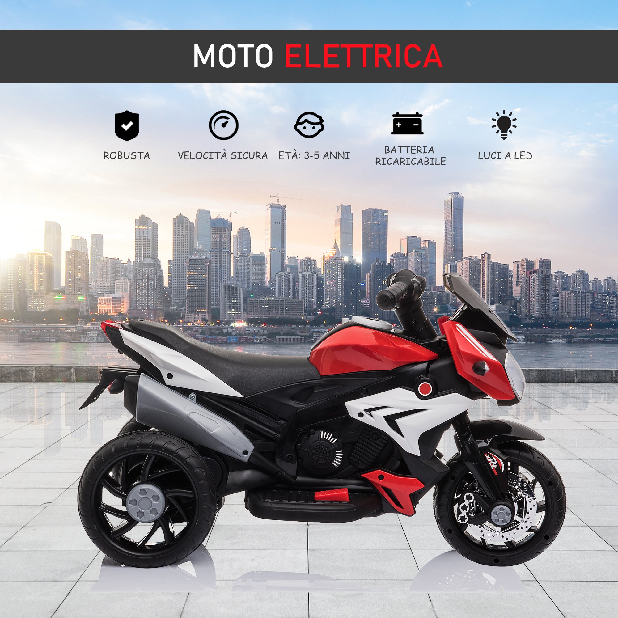Easycomfort Moto Elettrica per Bambini 3-5 Anni Max. 25kg with Luci, Musica, Batteria 6V e Velocità 3km/h, 86cmx42cmx52cm Rossa
