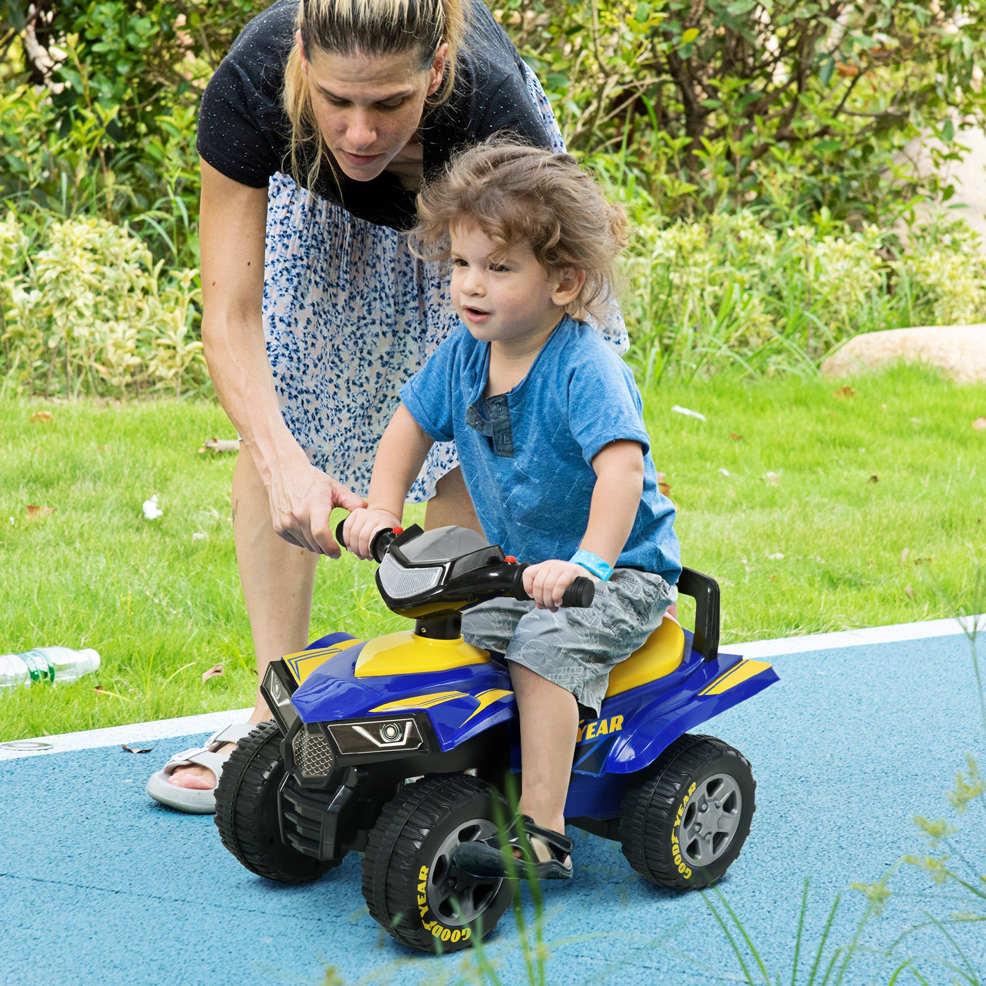 Easycomfort Quad Giocattolo per Bambini 18-36 Mesi with Licenza GOODYEAR with Luci e Suoni Realistici, Blu e Giallo, 60x31x42cm