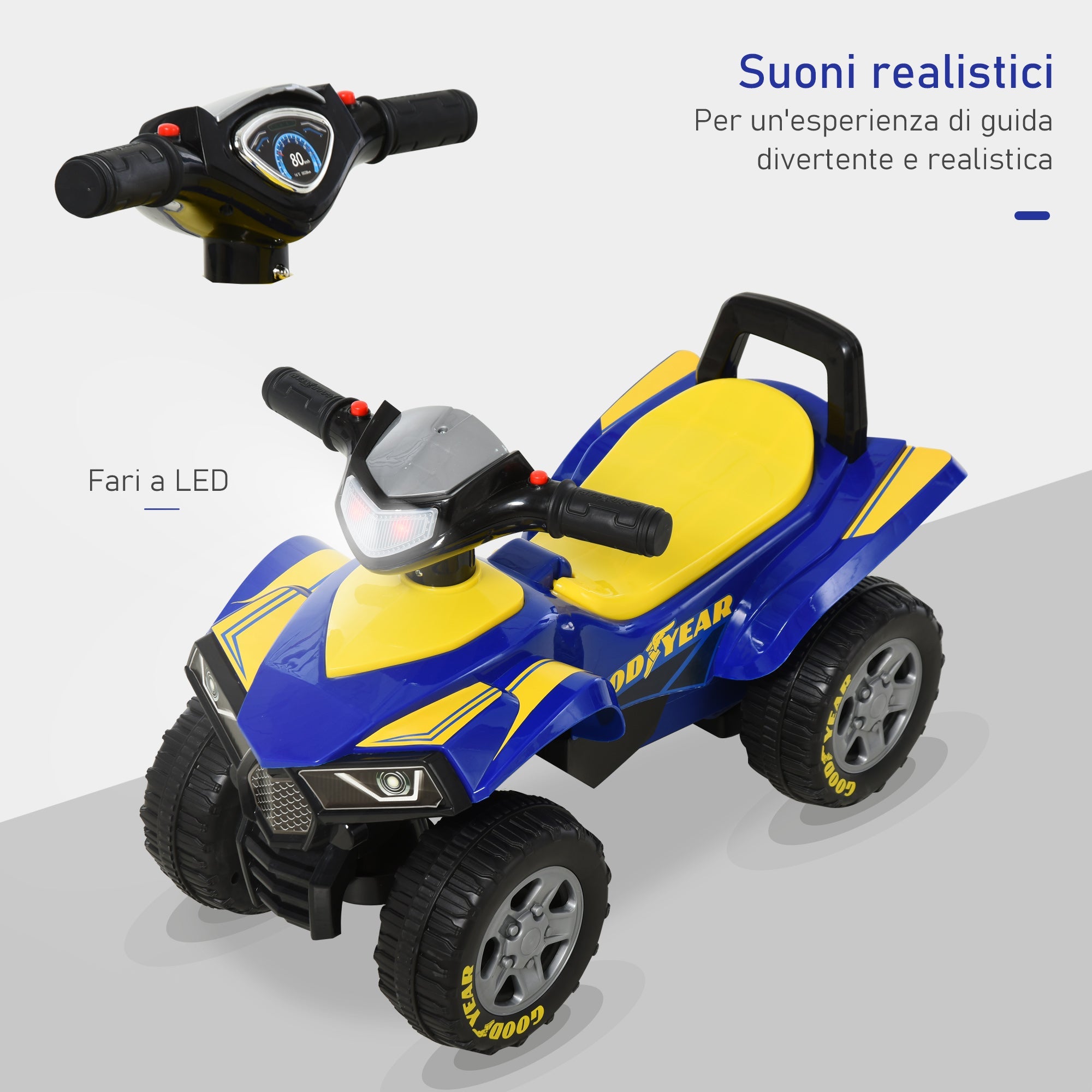 Easycomfort Quad Giocattolo per Bambini 18-36 Mesi with Licenza GOODYEAR with Luci e Suoni Realistici, Blu e Giallo, 60x31x42cm