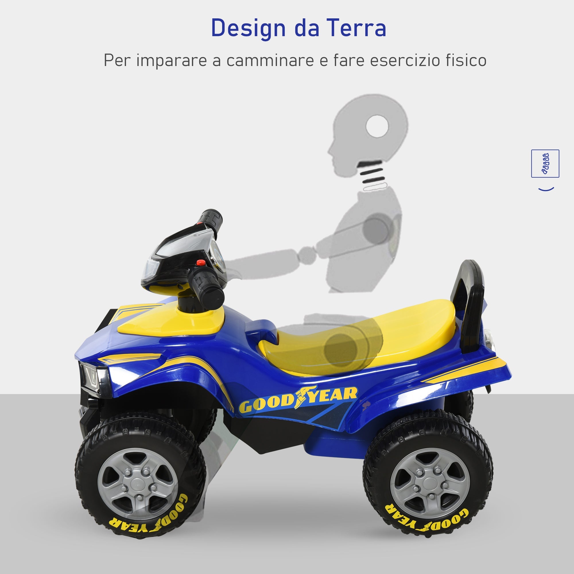 Easycomfort Quad Giocattolo per Bambini 18-36 Mesi with Licenza GOODYEAR with Luci e Suoni Realistici, Blu e Giallo, 60x31x42cm