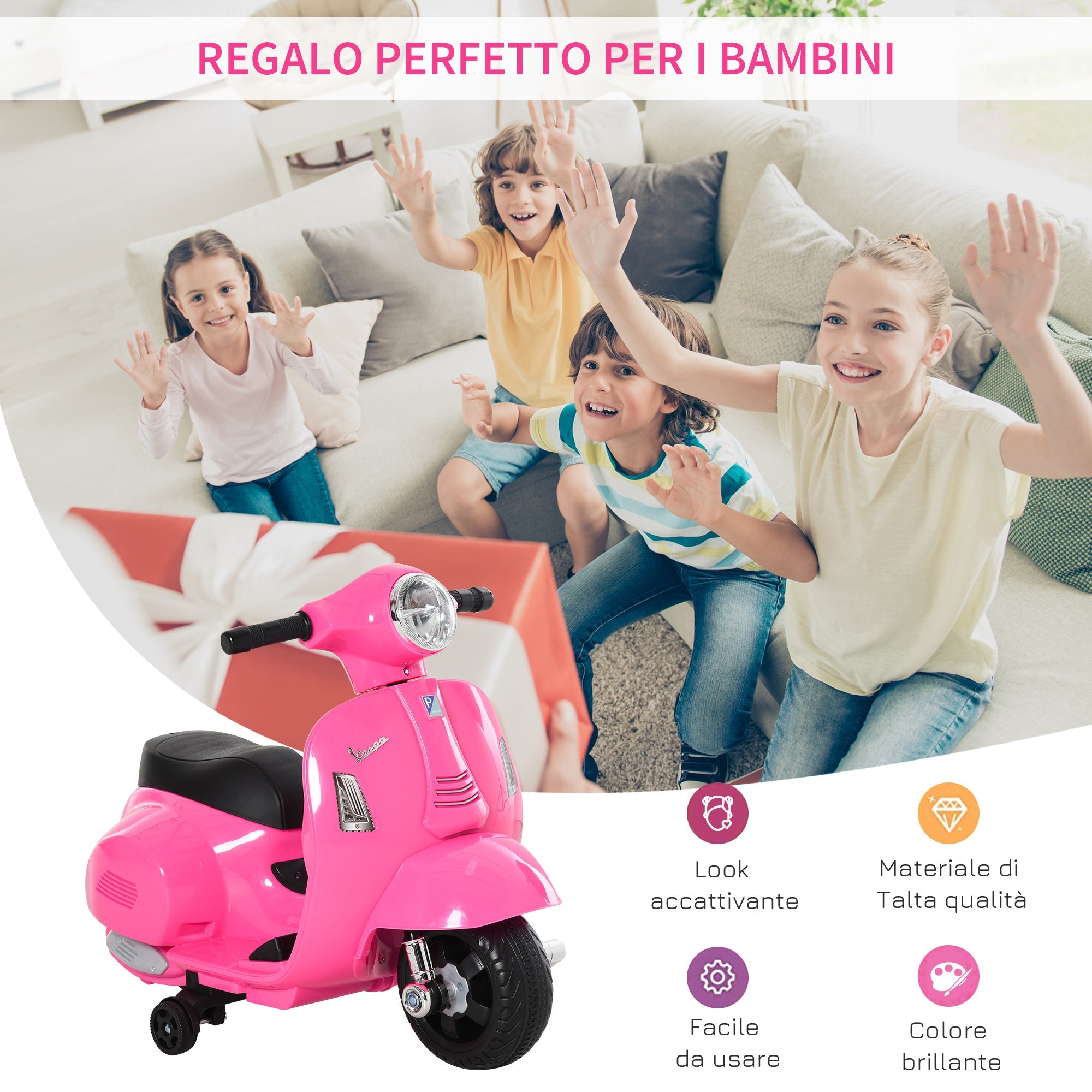 Easycomfort Moto Elettrica per Bambini with Licenza Ufficiale Vespa Batteria 6V, Fari e Clacson, per Bimbi da 18-36 mesi, Rosa, 66.5x38x52cm