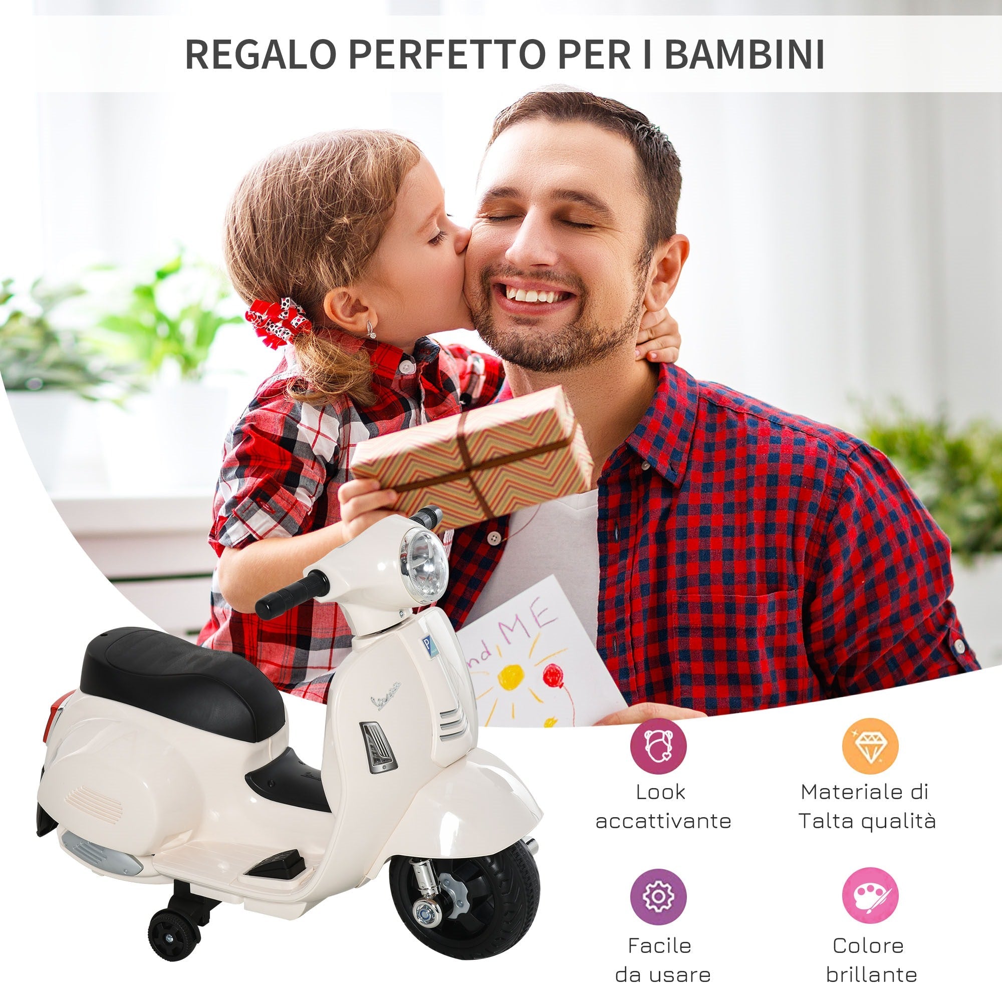 Easycomfort Moto Elettrica per Bambini with Licenza Ufficiale Vespa Batteria 6V, Fari e Clacson, per Bimbi da 18-36 mesi, white, 66.5x38x52cm