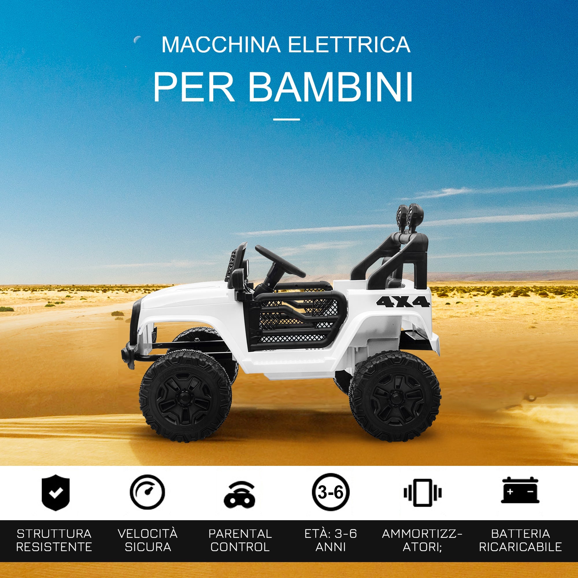 Easycomfort Macchina Elettrica per Bambini Jeep Fuoristrada with Telecomando e 2 Velocità, 100x65x72 cm, white