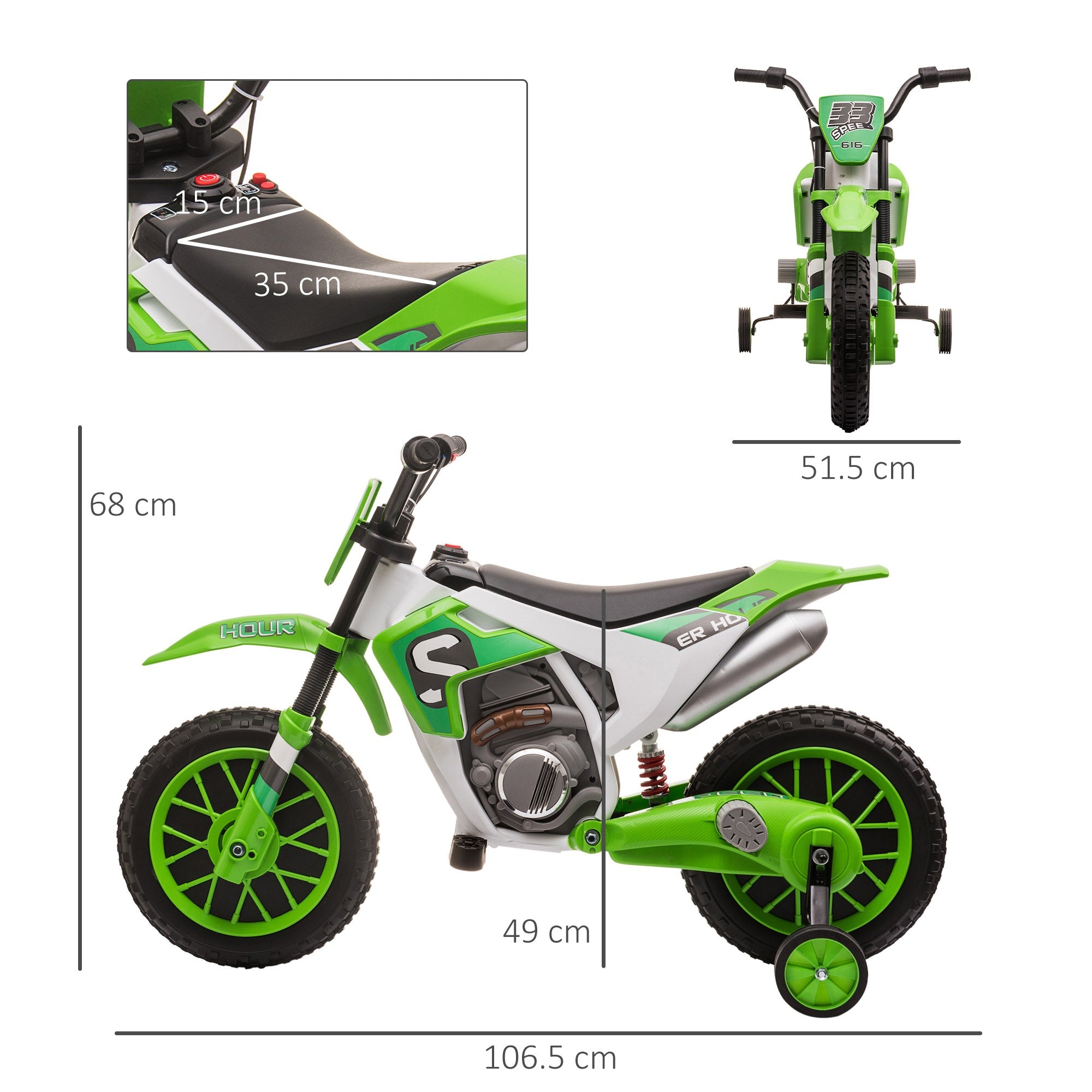 Easycomfort Moto da Cross Elettrica per Bambini da 3-5 Anni, Batteria 12V Ricaricabile e Rotelline Rimovibili, 106.5x51.5x68cm, Verde