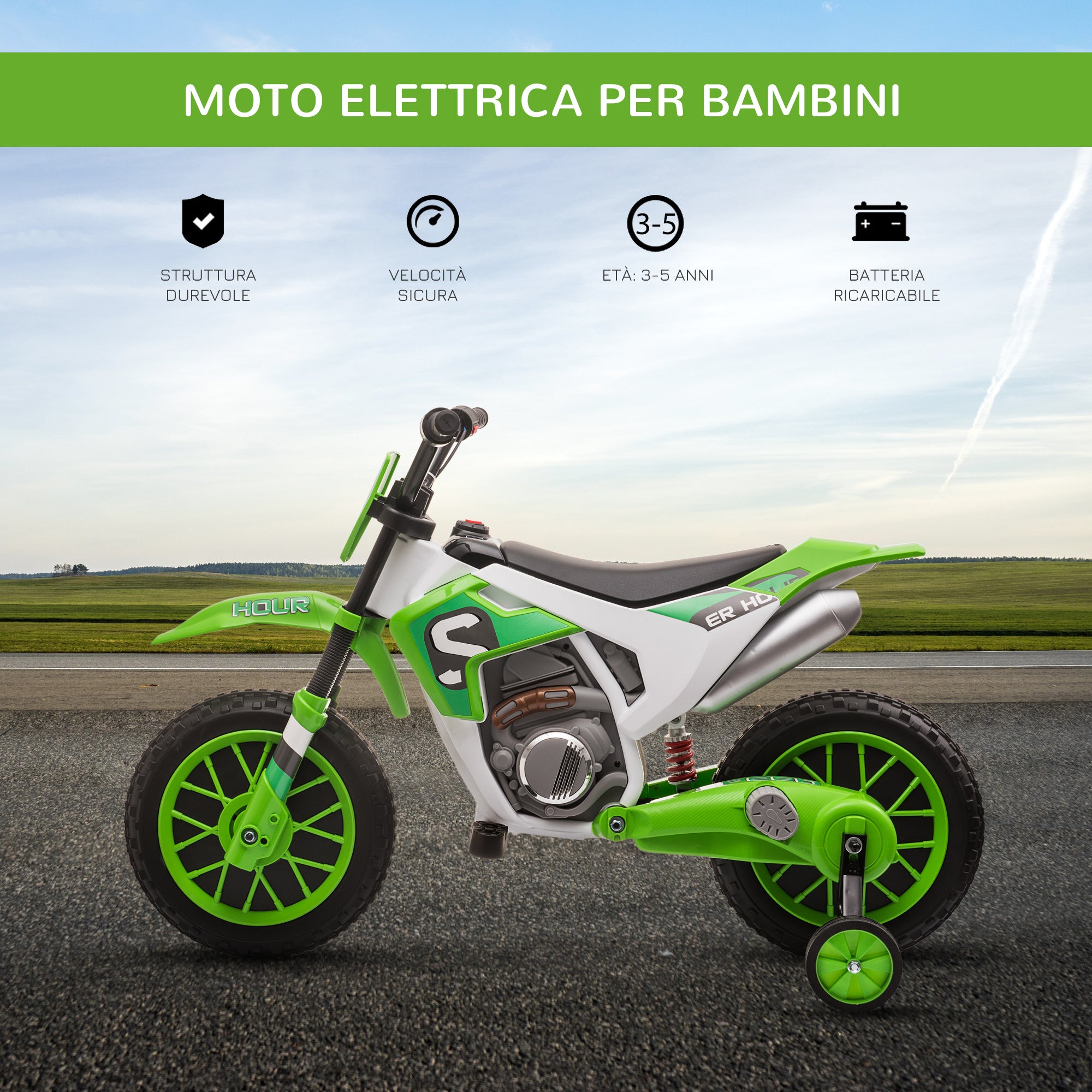 Easycomfort Moto da Cross Elettrica per Bambini da 3-5 Anni, Batteria 12V Ricaricabile e Rotelline Rimovibili, 106.5x51.5x68cm, Verde