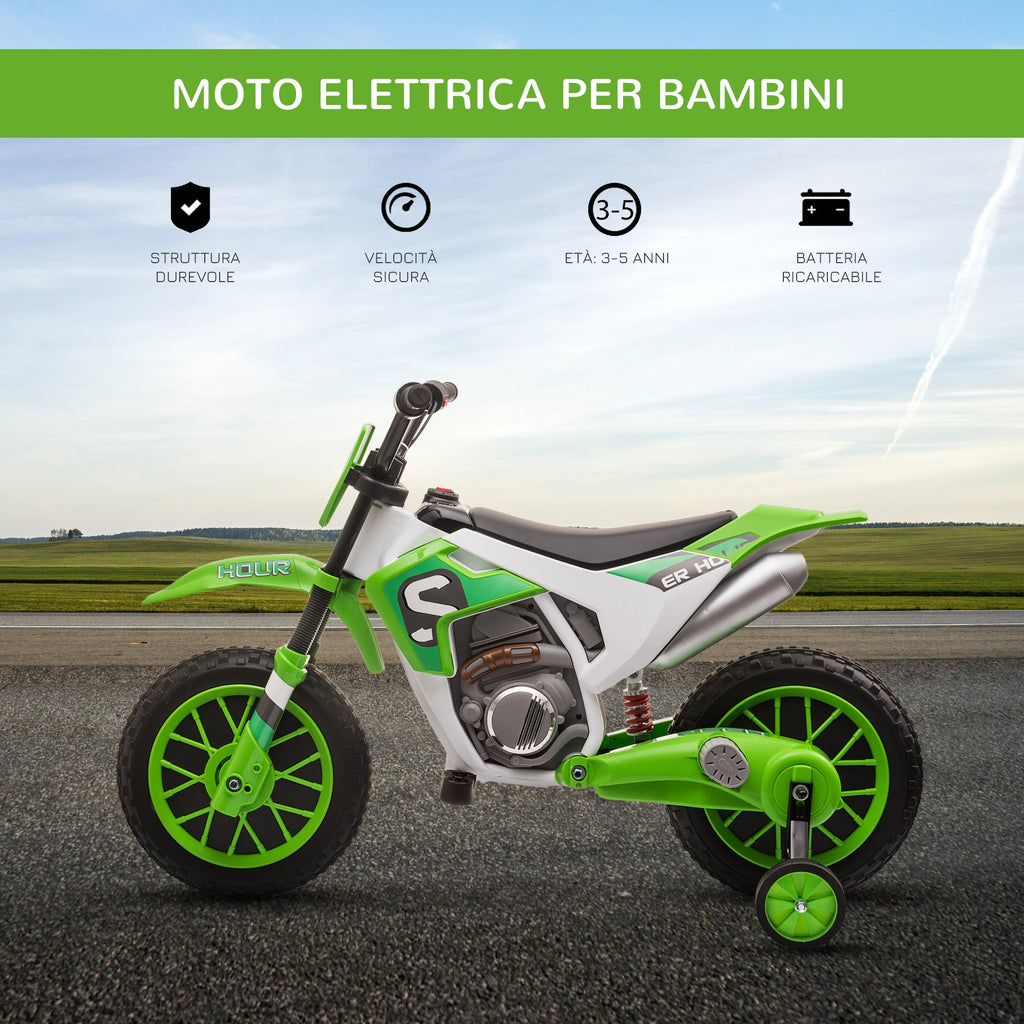 Easycomfort Moto da Cross Elettrica per Bambini da 3-5 Anni, Batteria 12V Ricaricabile e Rotelline Rimovibili, 106.5x51.5x68cm, Verde