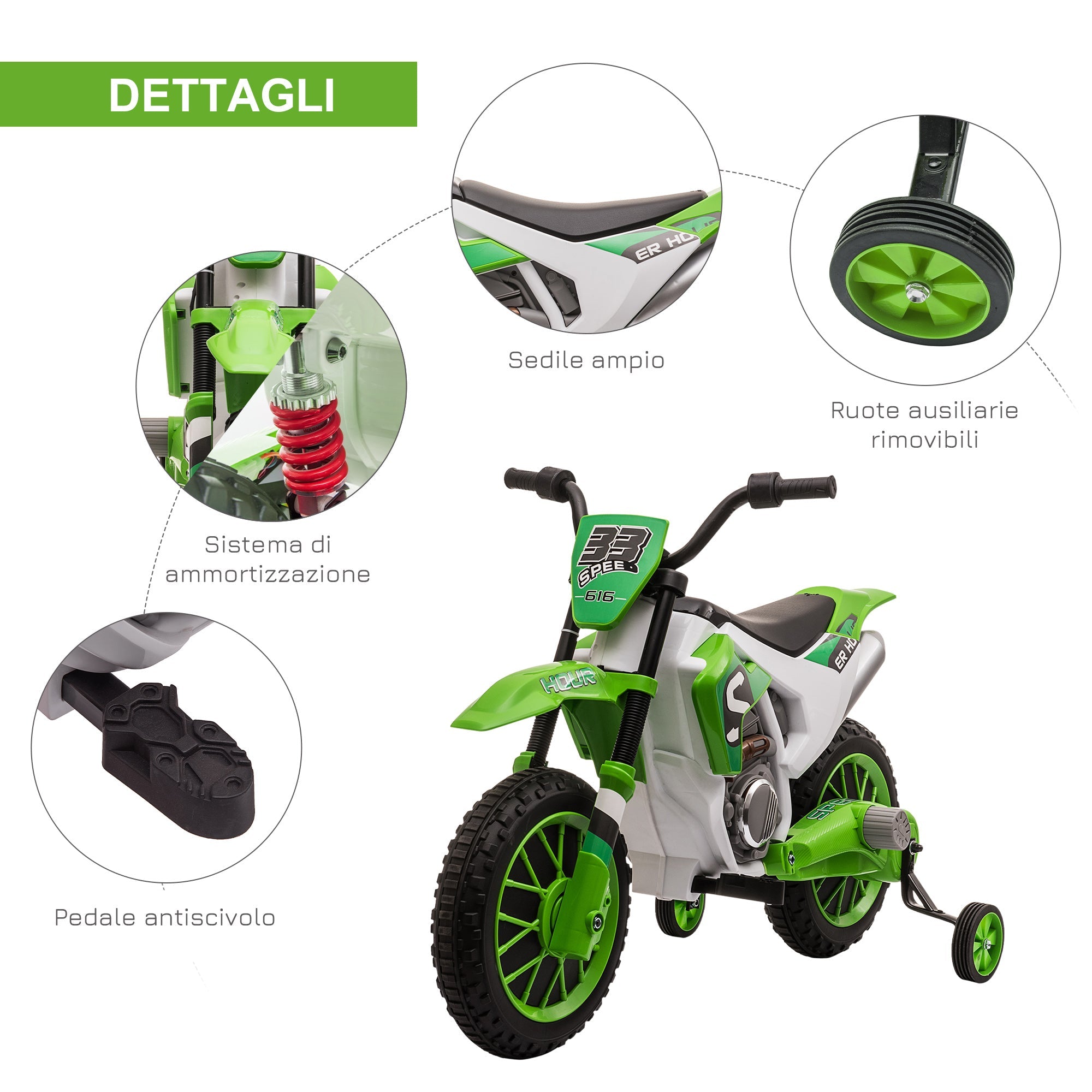 Easycomfort Moto da Cross Elettrica per Bambini da 3-5 Anni, Batteria 12V Ricaricabile e Rotelline Rimovibili, 106.5x51.5x68cm, Verde
