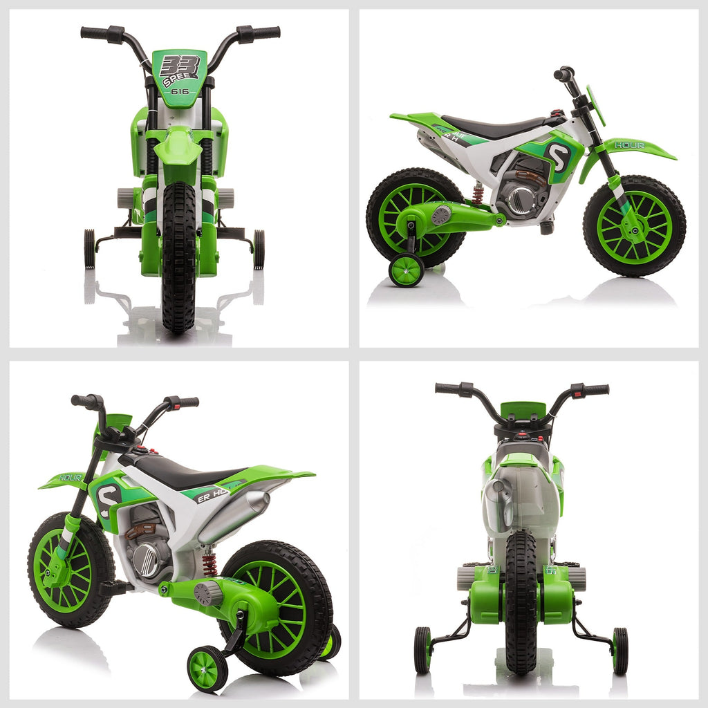 Easycomfort Moto da Cross Elettrica per Bambini da 3-5 Anni, Batteria 12V Ricaricabile e Rotelline Rimovibili, 106.5x51.5x68cm, Verde
