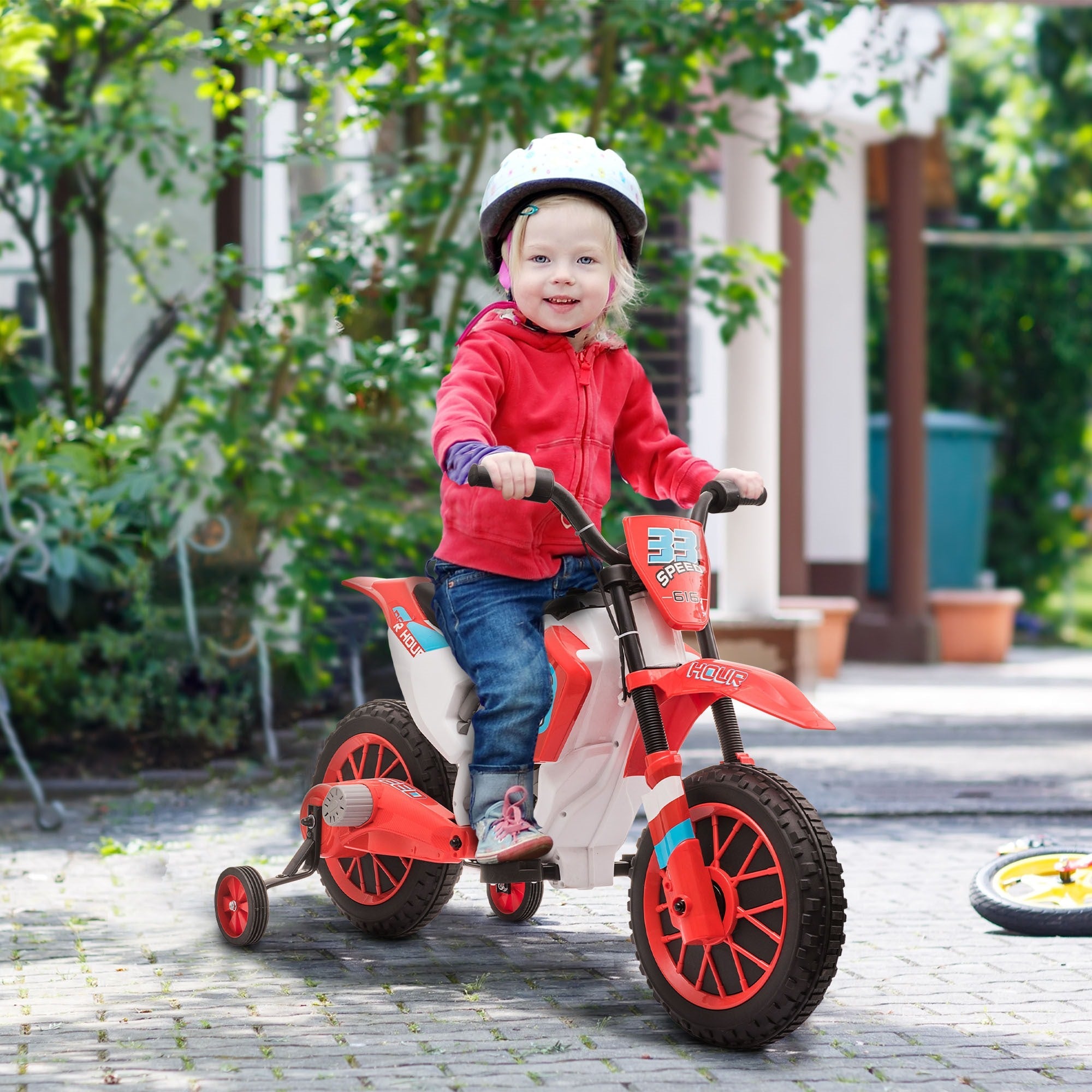 Easycomfort Moto da Cross Elettrica per Bambini da 3-5 Anni, Batteria 12V Ricaricabile e Rotelline Rimovibili, 106.5x51.5x68cm, Rosso
