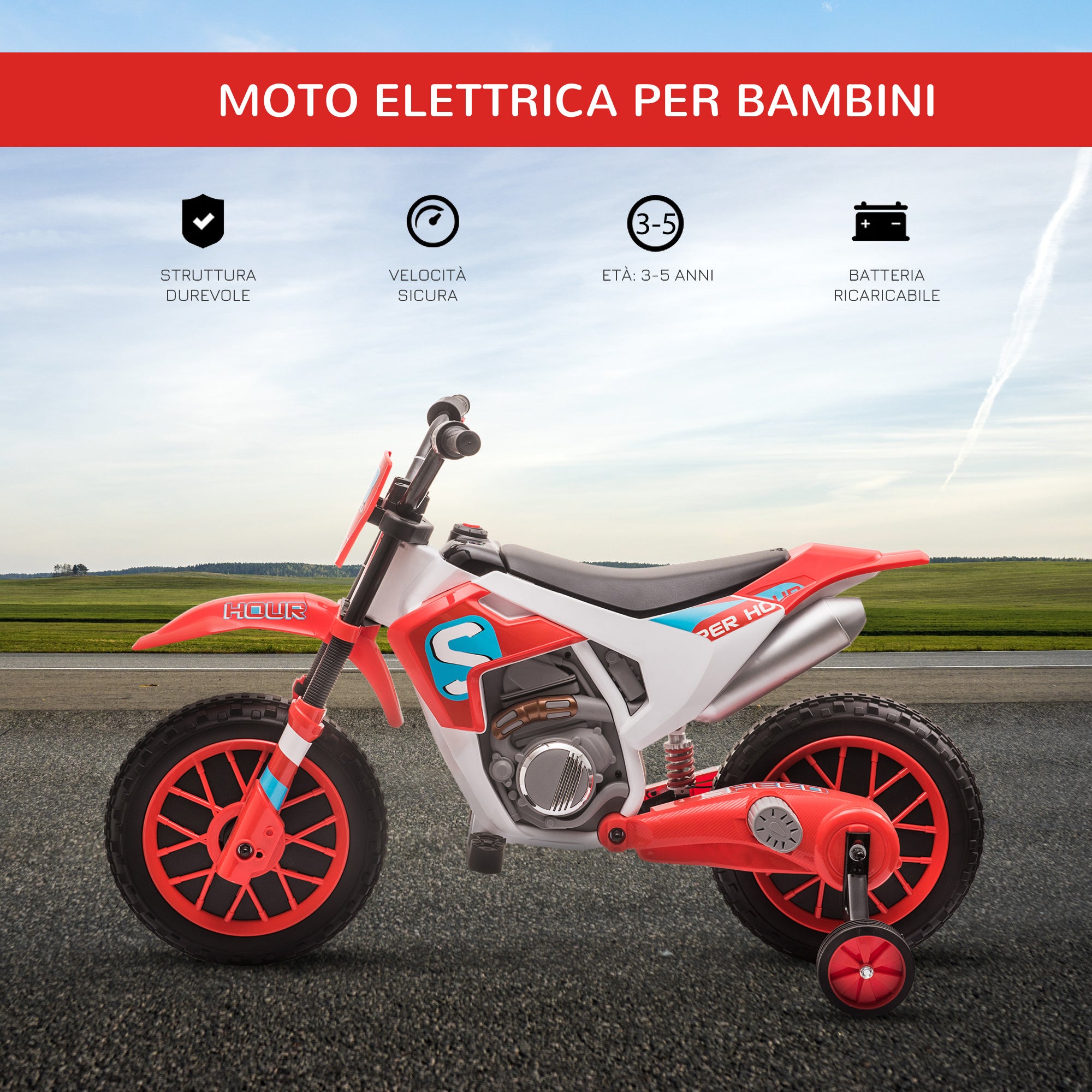 Easycomfort Moto da Cross Elettrica per Bambini da 3-5 Anni, Batteria 12V Ricaricabile e Rotelline Rimovibili, 106.5x51.5x68cm, Rosso