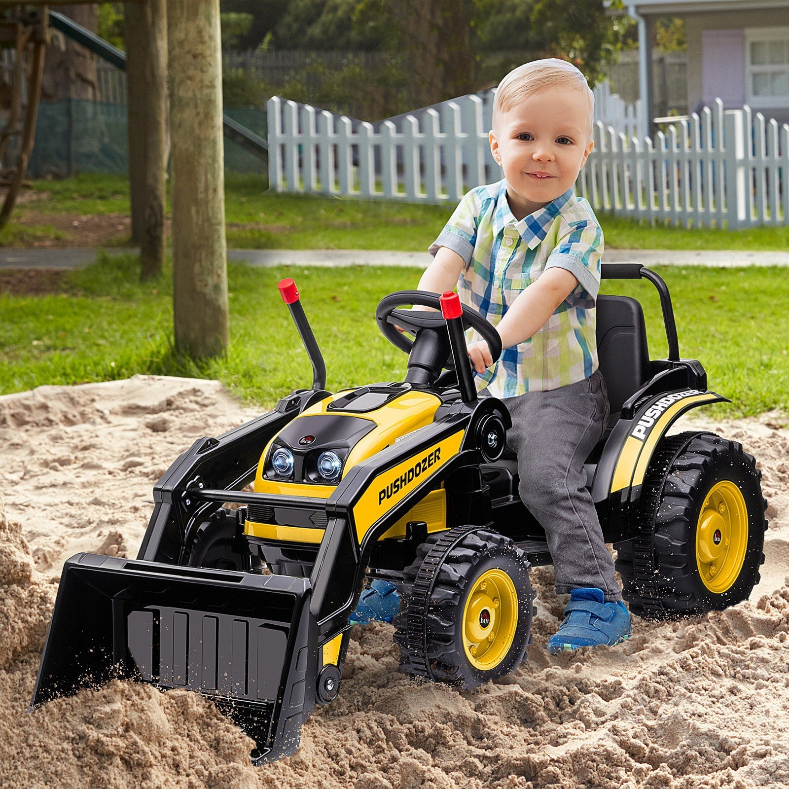Easycomfort Escavatore Cavalcabile per Bambini 3-5 Anni, Ruspa Giocattolo a Batteria 6V with Suoni e Luci, Velocità 1.5-2.5 km/h, 132cmx62cmx65cm, Giallo
