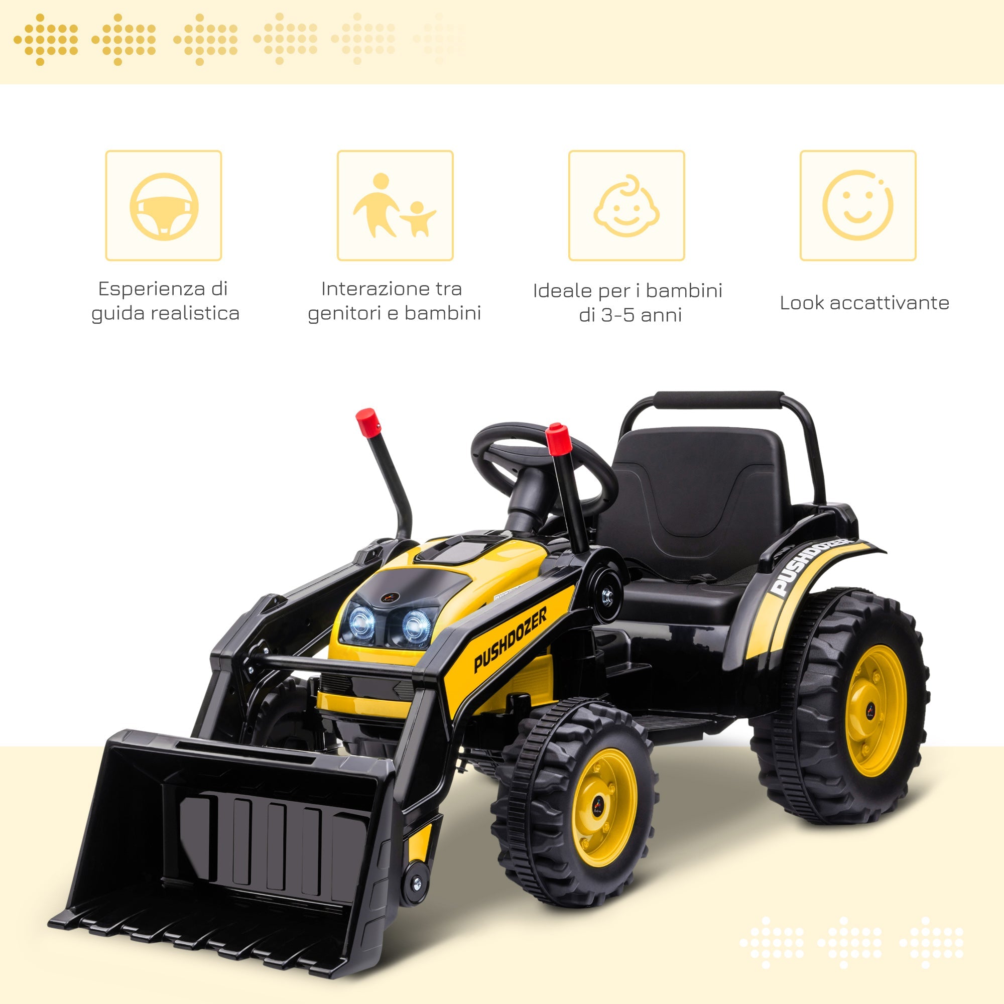 Easycomfort Escavatore Cavalcabile per Bambini 3-5 Anni, Ruspa Giocattolo a Batteria 6V with Suoni e Luci, Velocità 1.5-2.5 km/h, 132cmx62cmx65cm, Giallo