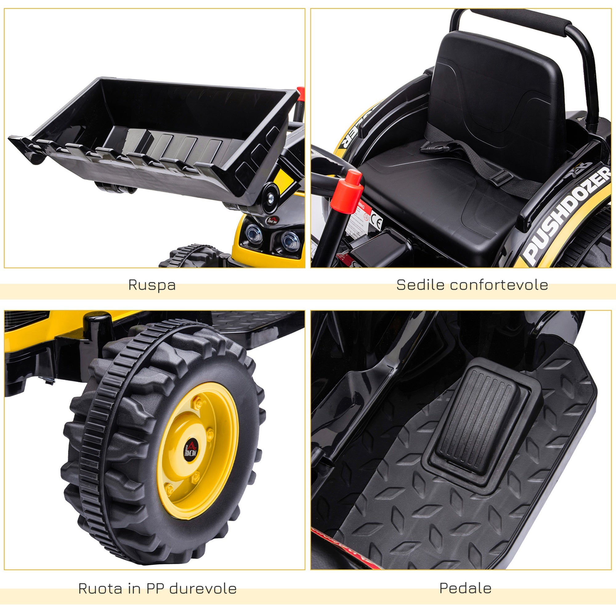 Easycomfort Escavatore Cavalcabile per Bambini 3-5 Anni, Ruspa Giocattolo a Batteria 6V with Suoni e Luci, Velocità 1.5-2.5 km/h, 132cmx62cmx65cm, Giallo