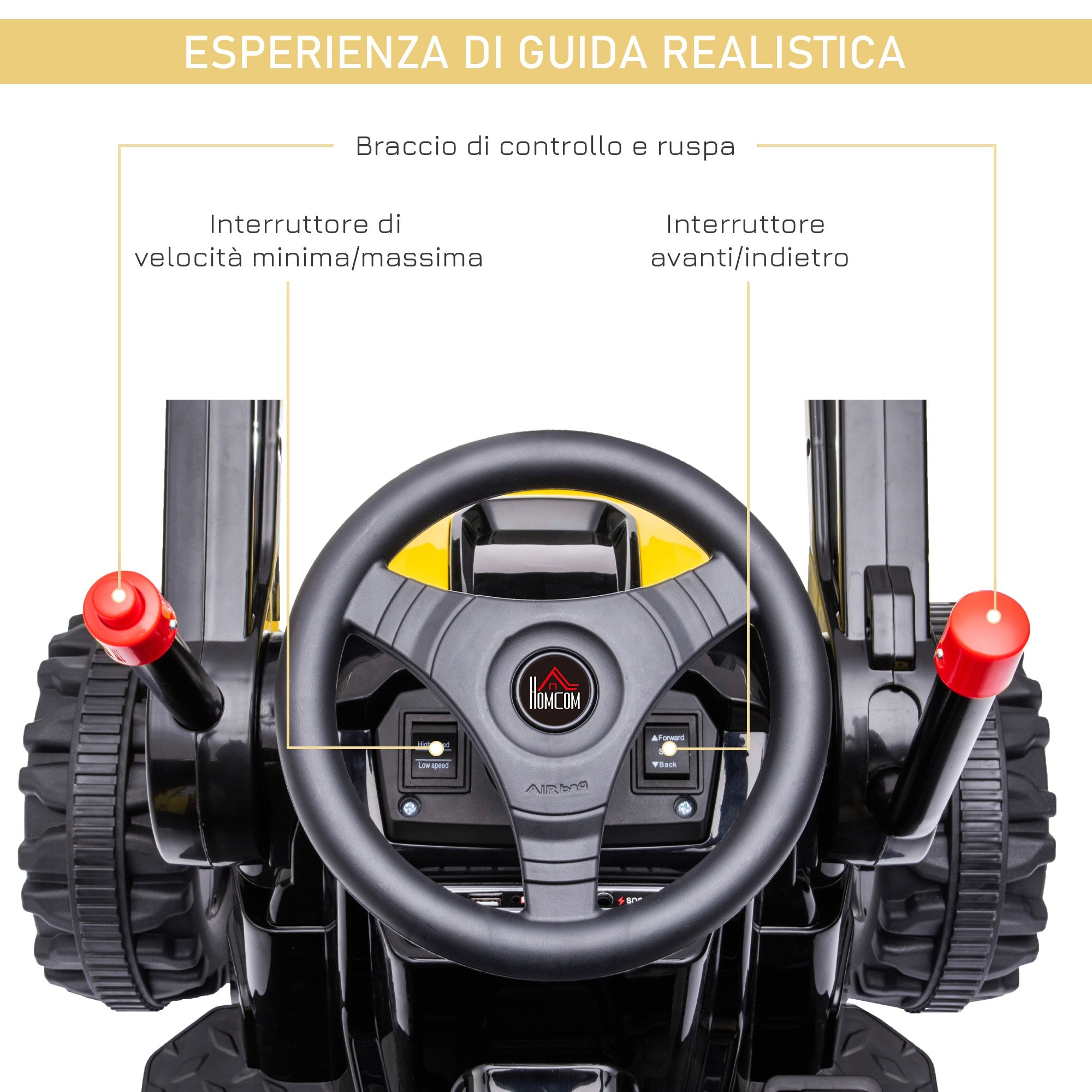 Easycomfort Escavatore Cavalcabile per Bambini 3-5 Anni, Ruspa Giocattolo a Batteria 6V with Suoni e Luci, Velocità 1.5-2.5 km/h, 132cmx62cmx65cm, Giallo