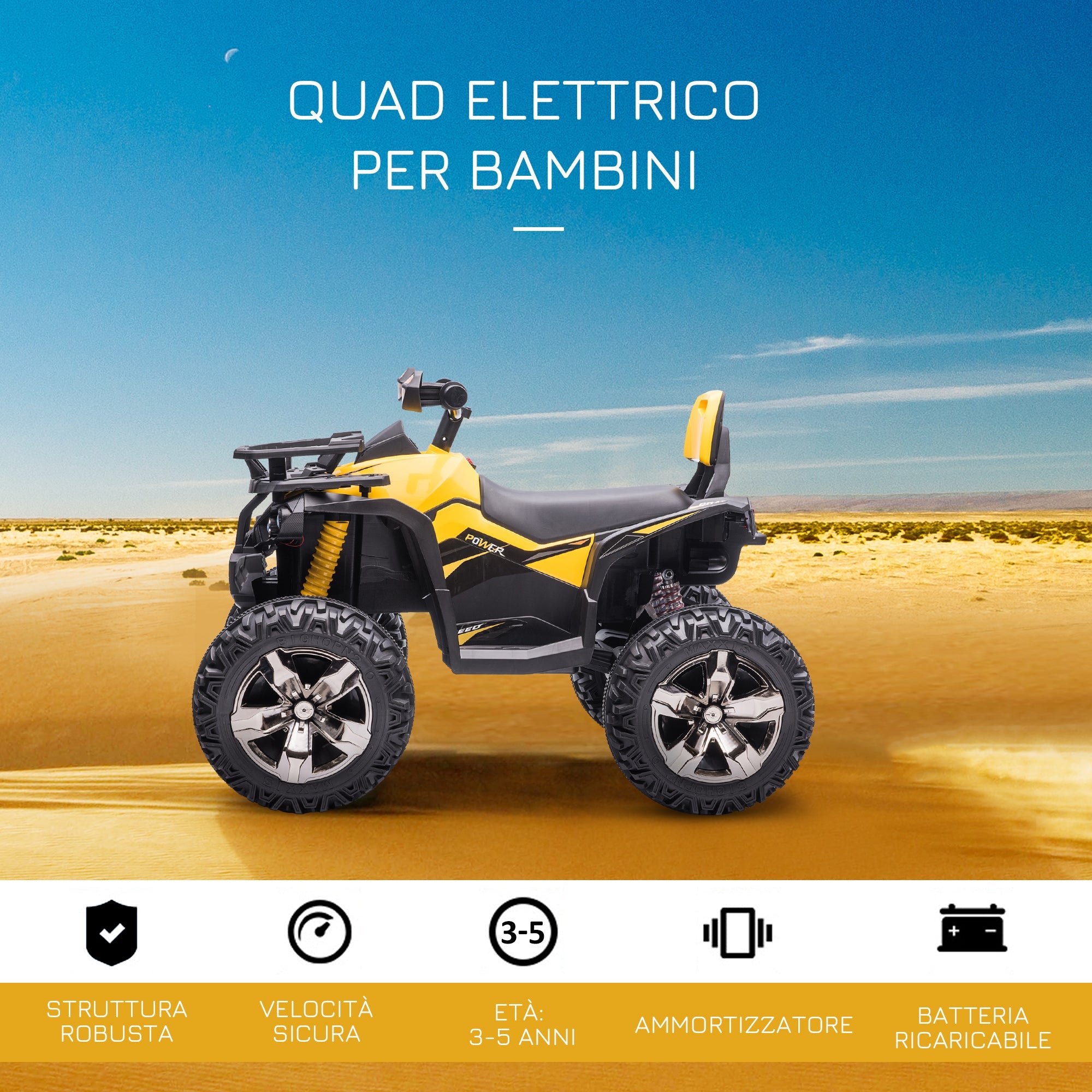 Easycomfort Quad per Bambini Elettrico 12V with Fari e Batteria Ricaricabile, Età 3-5 Anni, 100x65x73cm, Giallo