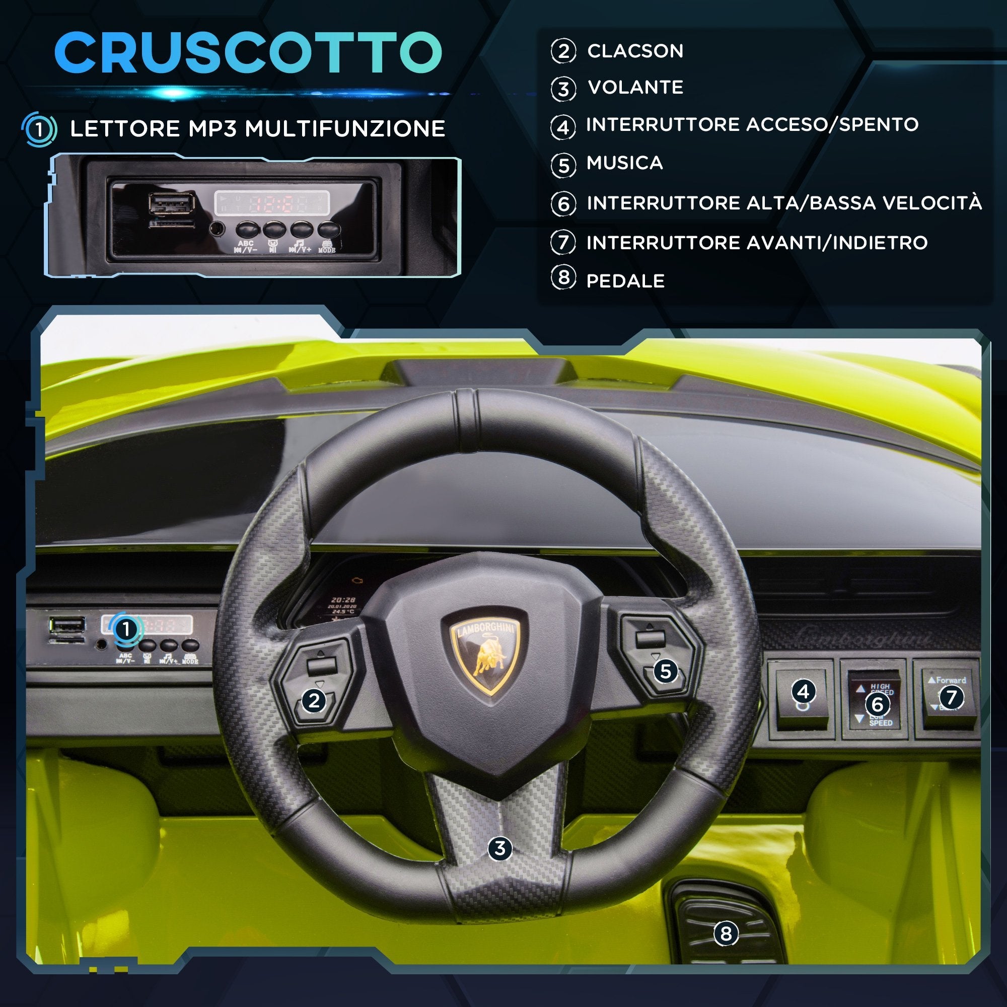 Easycomfort Lamborghini Macchina Elettrica per Bambini 12V with Fari e Musica, Telecomando e Velocità 3-5km/h, Età 3-5 Anni, 108x62x40cm, Verde