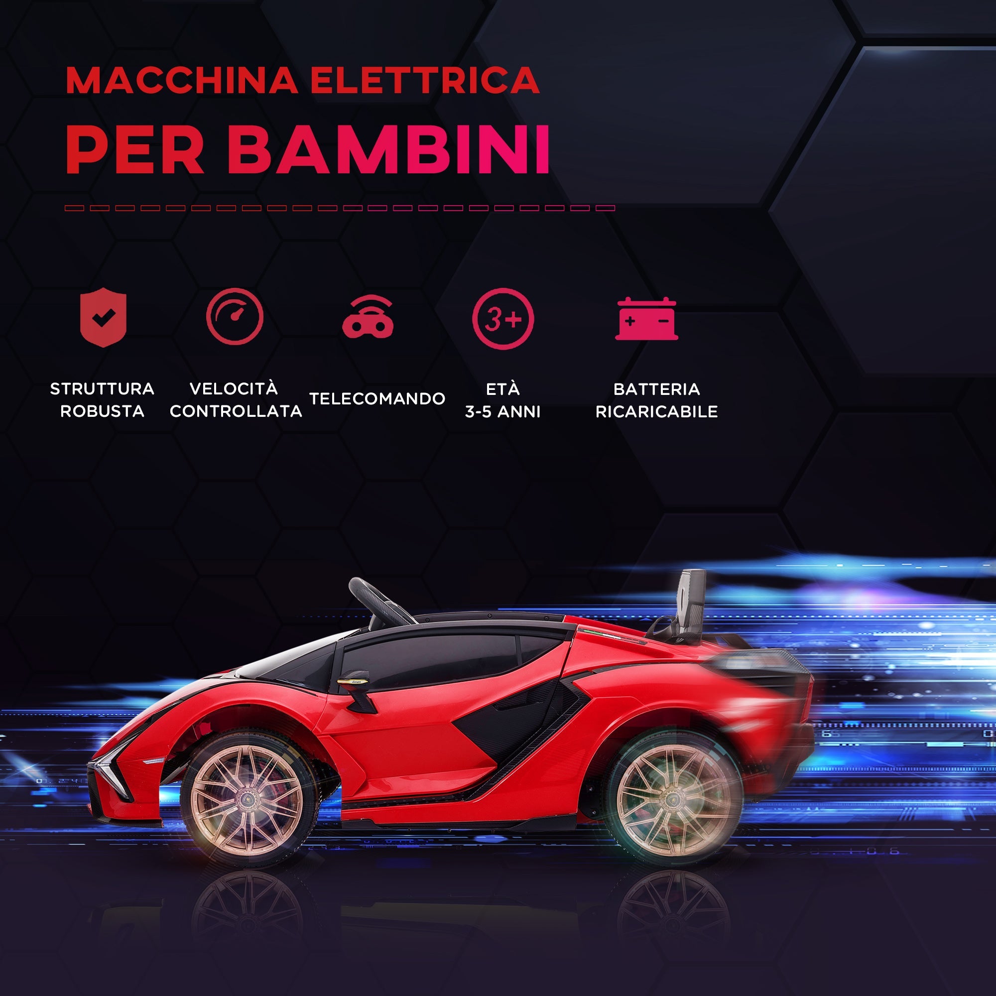 Easycomfort Macchina Elettrica per Bambini 12V with Fari e Musica, Telecomando e Velocità 3-5km/h, Età 3-5 Anni, 108x62x40cm, Rosso