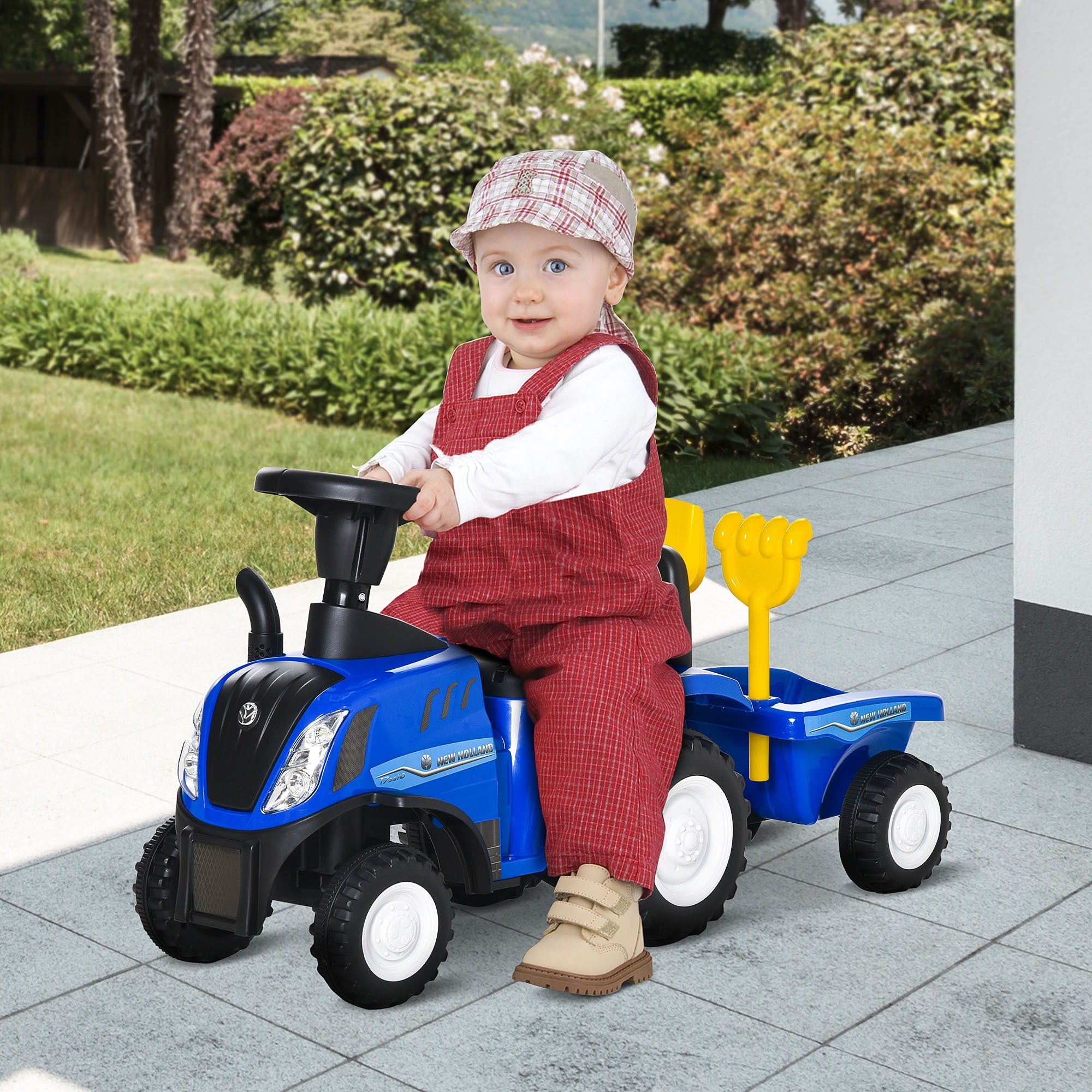 Easycomfort Trattore per Bambini Cavalcabile with Rimorchio, Rastrello e Pala, Gioco Educativo per Bimbi 12-36 Mesi, 91x29x44cm, Blu