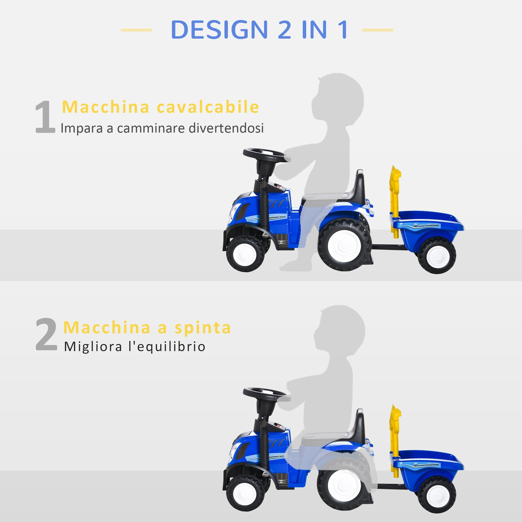 Easycomfort Trattore per Bambini Cavalcabile with Rimorchio, Rastrello e Pala, Gioco Educativo per Bimbi 12-36 Mesi, 91x29x44cm, Blu