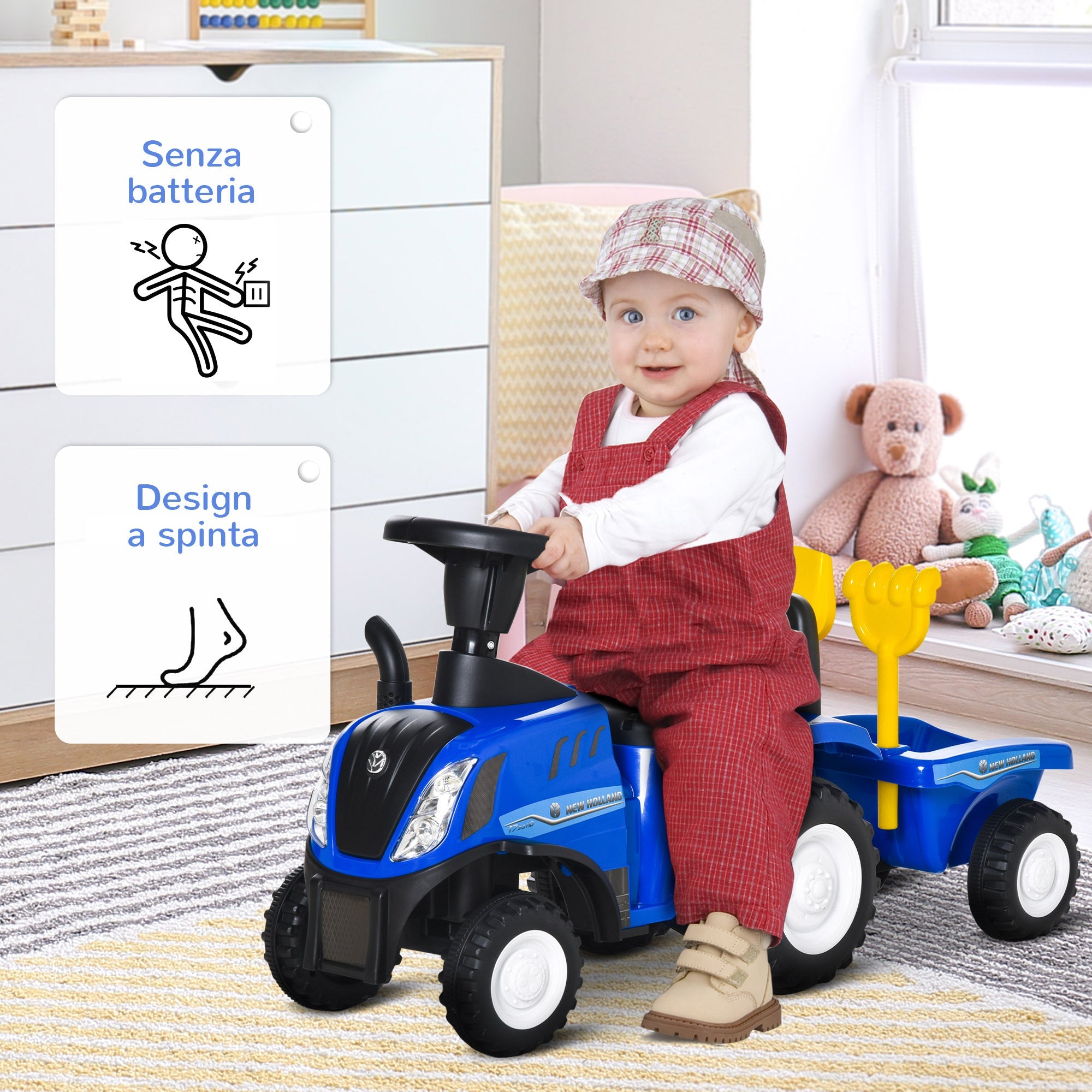 Easycomfort Trattore per Bambini Cavalcabile with Rimorchio, Rastrello e Pala, Gioco Educativo per Bimbi 12-36 Mesi, 91x29x44cm, Blu