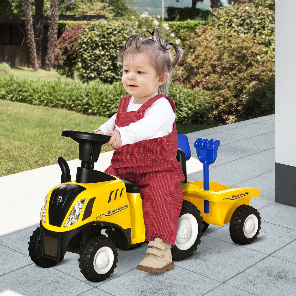 Easycomfort Trattore Giocattolo per Bambini Cavalcabile with Rimorchio, Rastrello e Pala, Gioco Educativo per Bimbi 12-36 Mesi, 91x29x44cm, Giallo