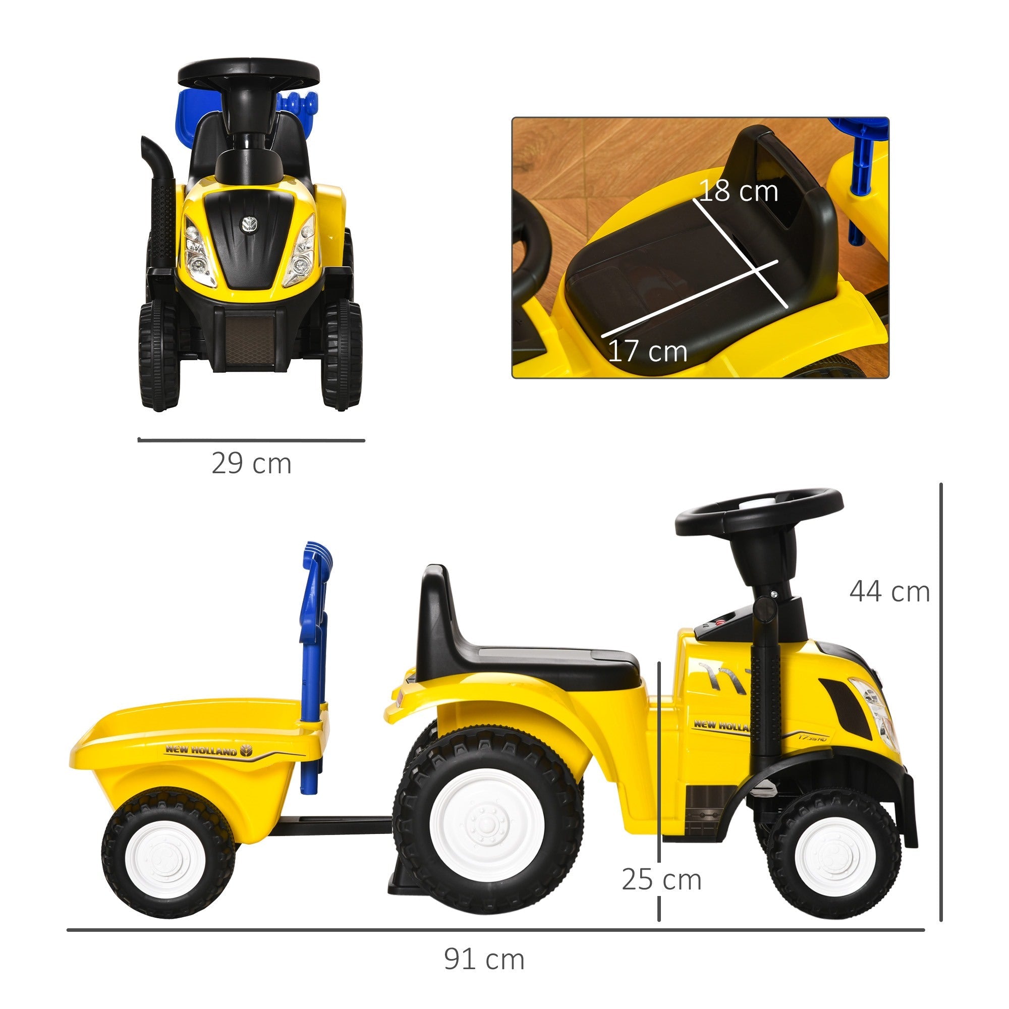 Easycomfort Trattore Giocattolo per Bambini Cavalcabile with Rimorchio, Rastrello e Pala, Gioco Educativo per Bimbi 12-36 Mesi, 91x29x44cm, Giallo