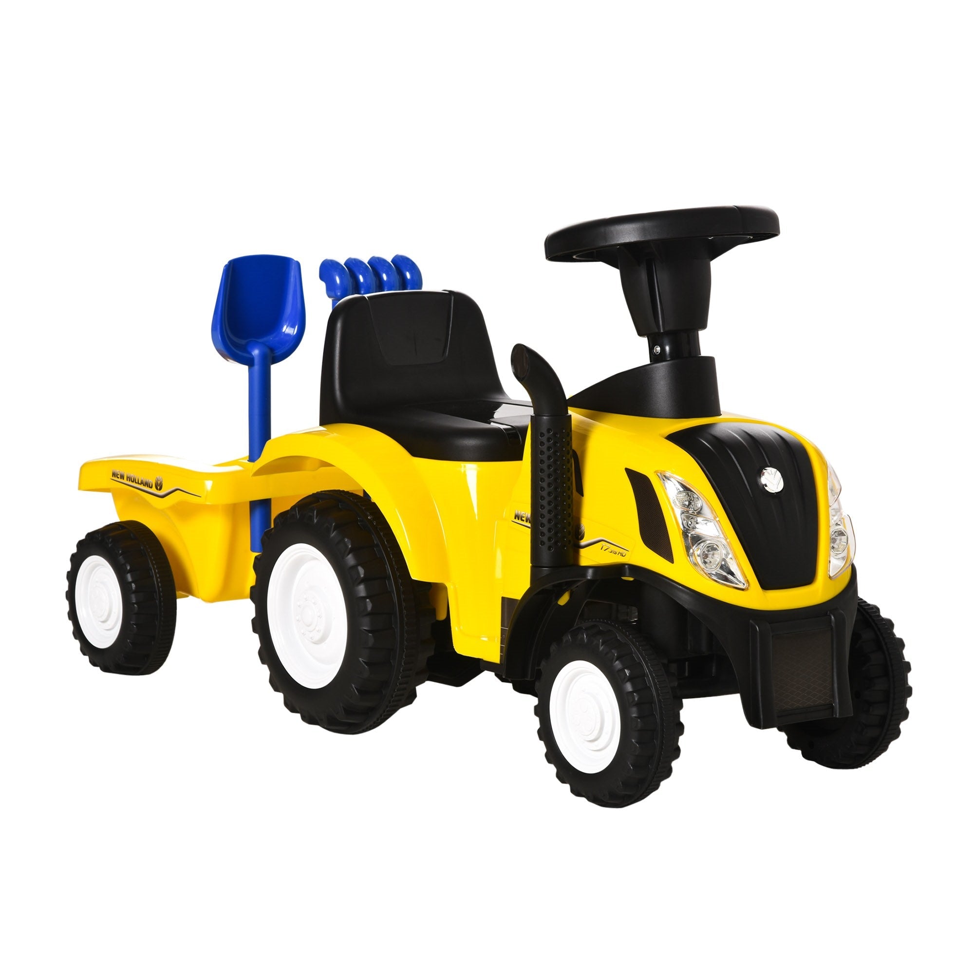 Easycomfort Trattore Giocattolo per Bambini Cavalcabile with Rimorchio, Rastrello e Pala, Gioco Educativo per Bimbi 12-36 Mesi, 91x29x44cm, Giallo