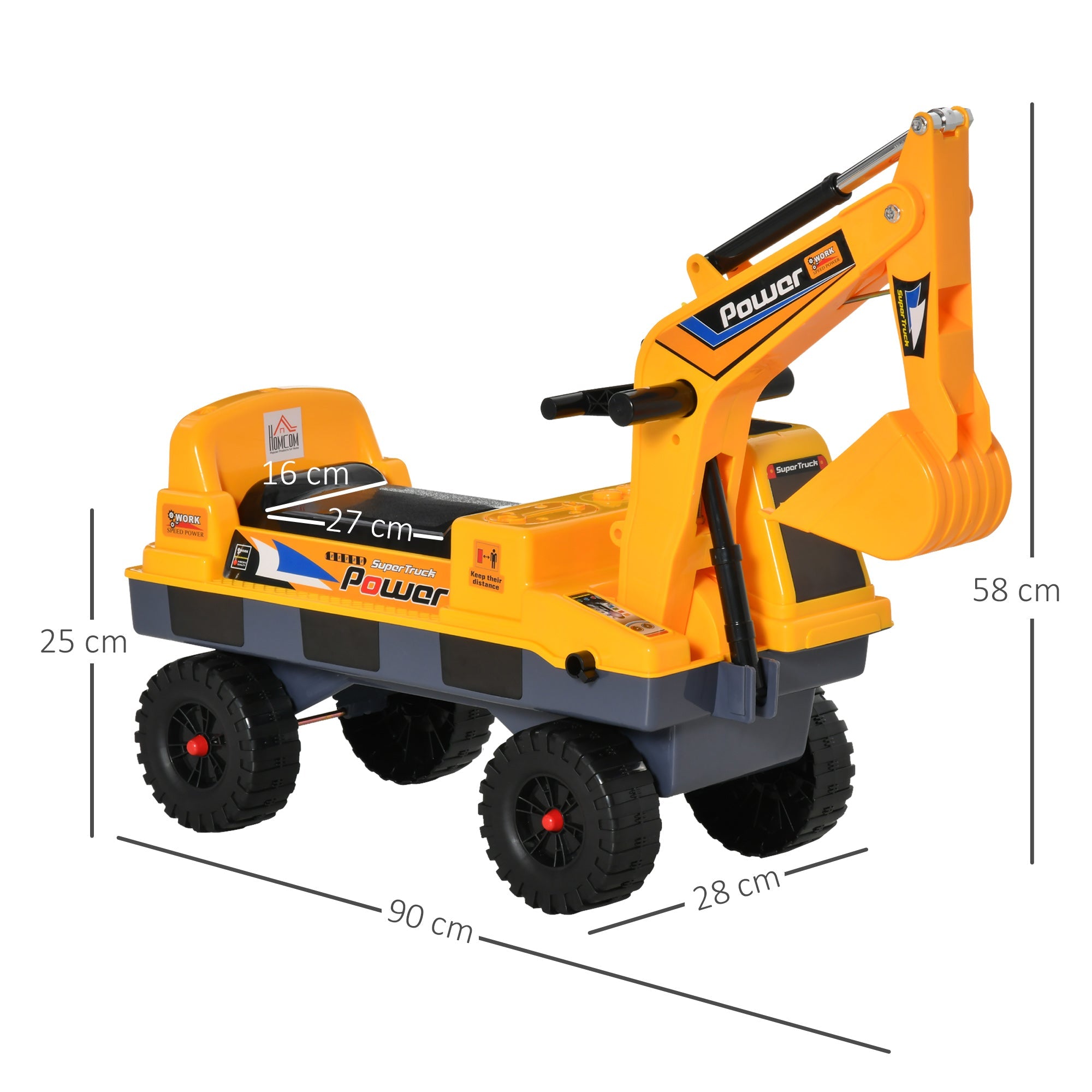 Easycomfort Ruspa Giocattolo 2 in 1 with Escavatore e Mordente, Vano Nascosto, Gioco Cavalcabile Bambini 2-3 Anni, 90x28x58cm, Giallo