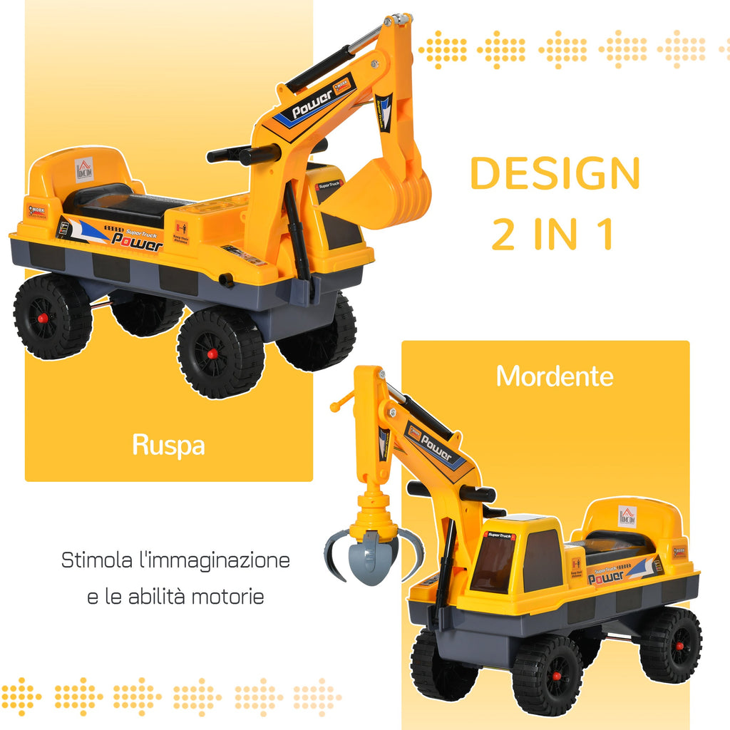 Easycomfort Ruspa Giocattolo 2 in 1 with Escavatore e Mordente, Vano Nascosto, Gioco Cavalcabile Bambini 2-3 Anni, 90x28x58cm, Giallo