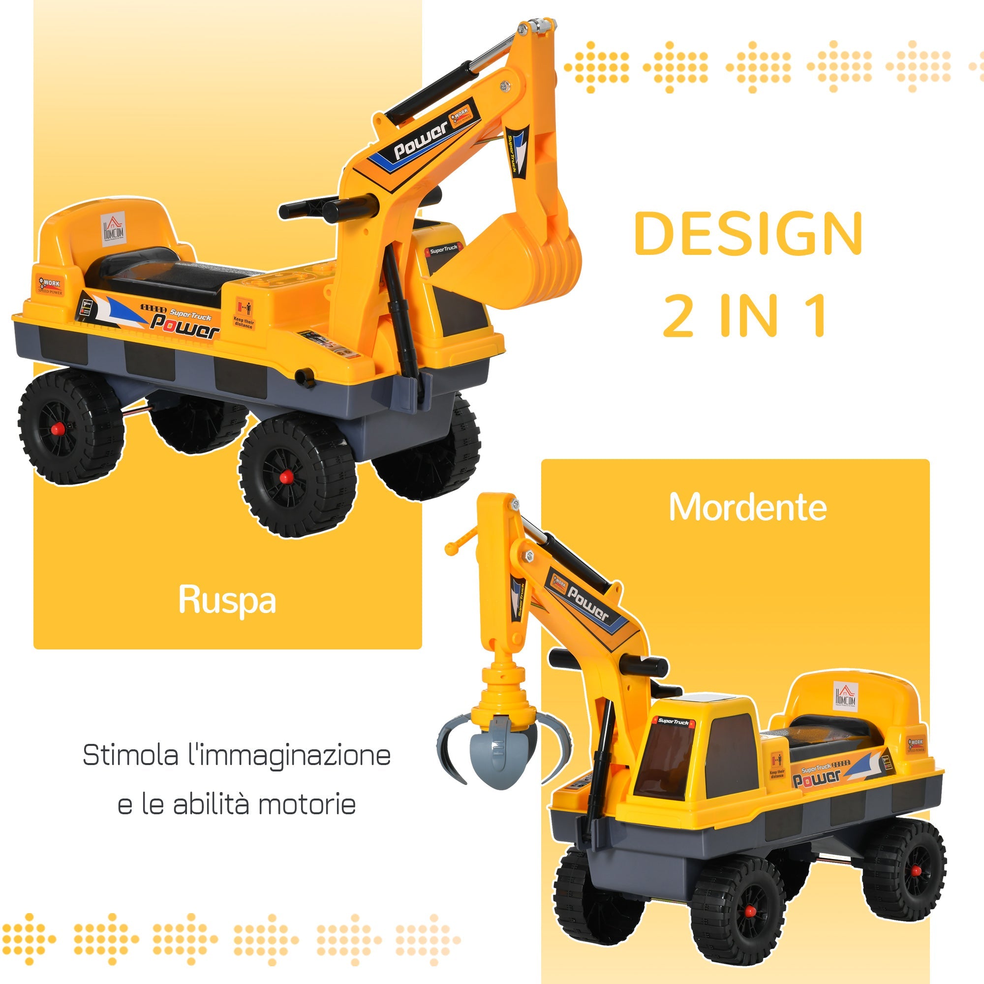 Easycomfort Ruspa Giocattolo 2 in 1 with Escavatore e Mordente, Vano Nascosto, Gioco Cavalcabile Bambini 2-3 Anni, 90x28x58cm, Giallo
