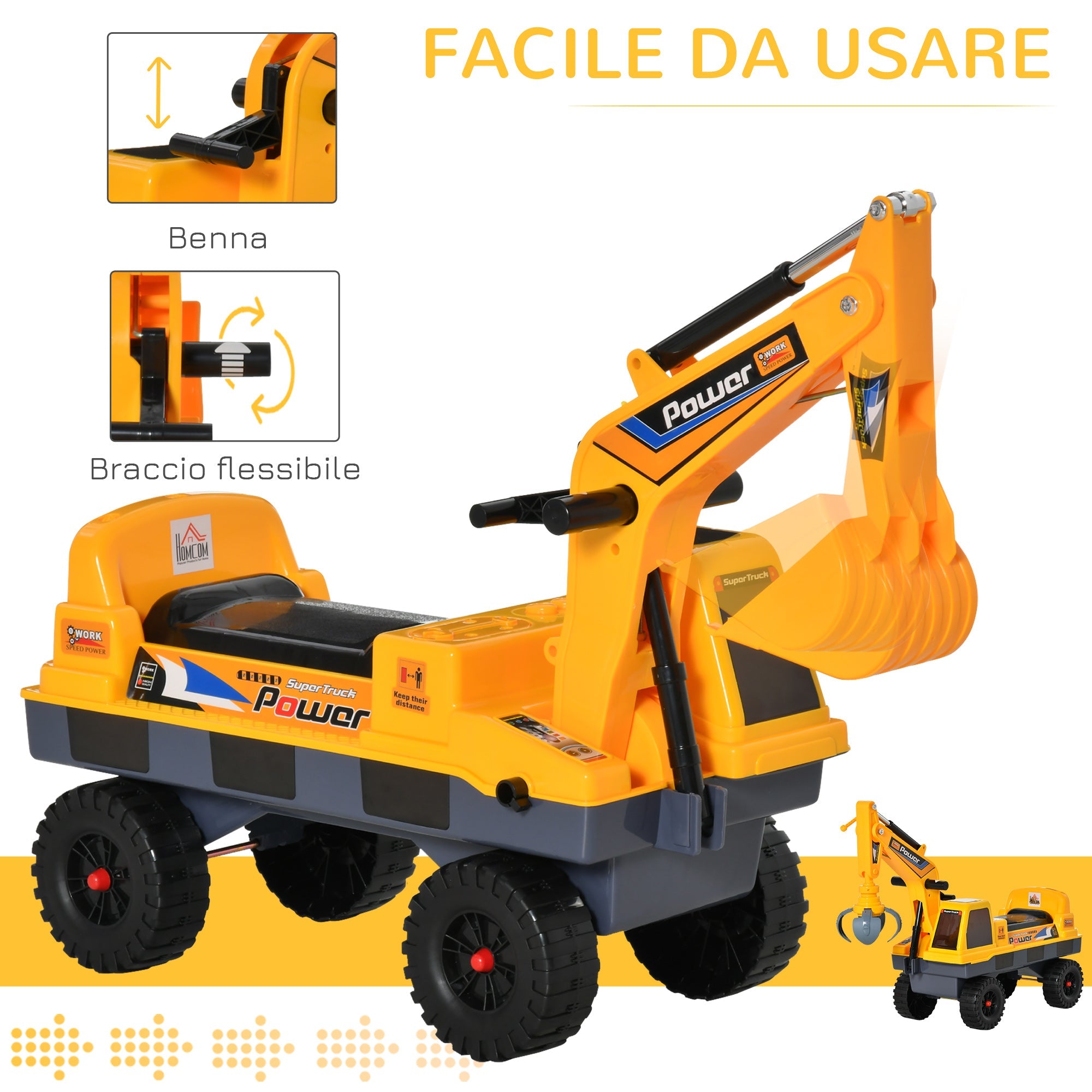 Easycomfort Ruspa Giocattolo 2 in 1 with Escavatore e Mordente, Vano Nascosto, Gioco Cavalcabile Bambini 2-3 Anni, 90x28x58cm, Giallo