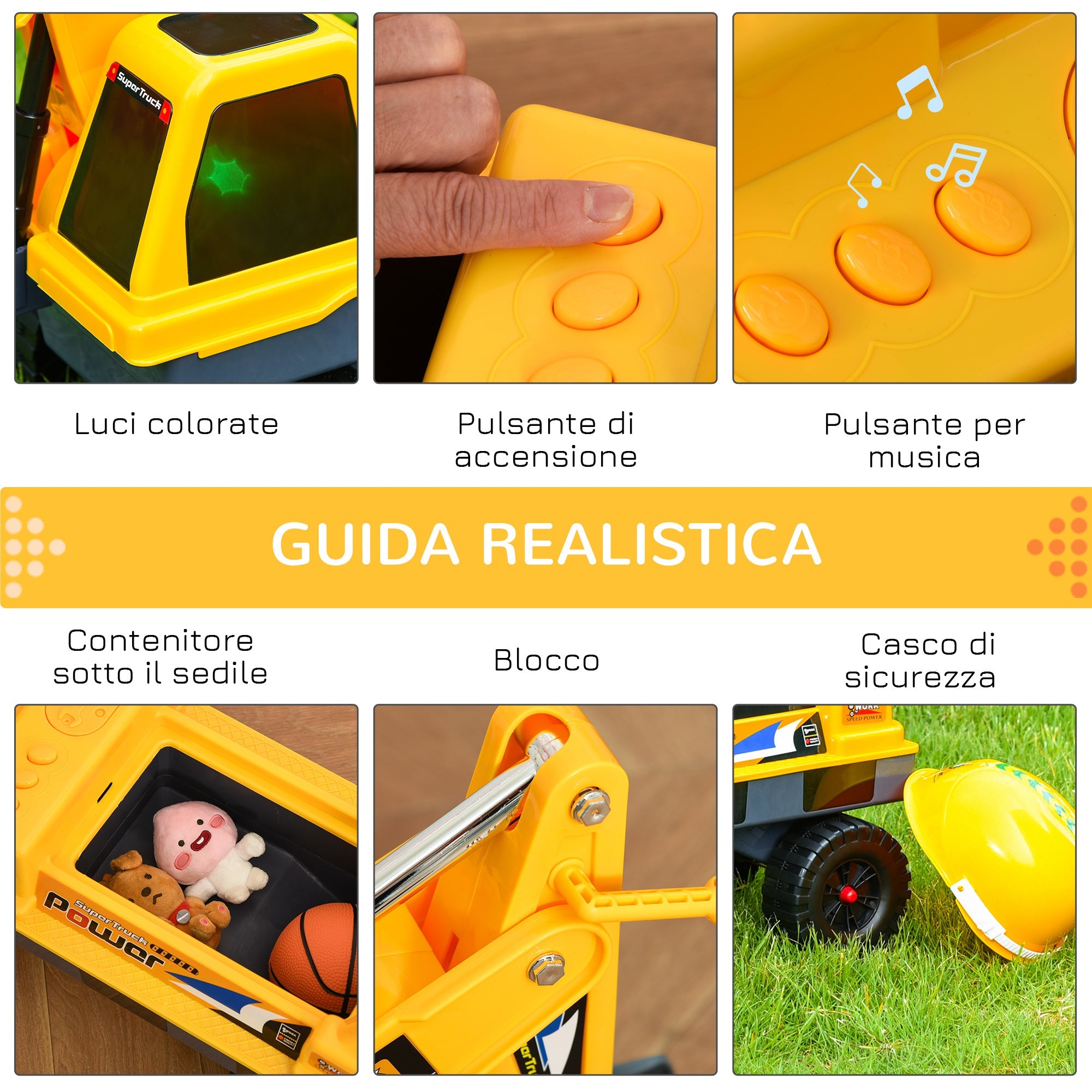 Easycomfort Ruspa Giocattolo 2 in 1 with Escavatore e Mordente, Vano Nascosto, Gioco Cavalcabile Bambini 2-3 Anni, 90x28x58cm, Giallo
