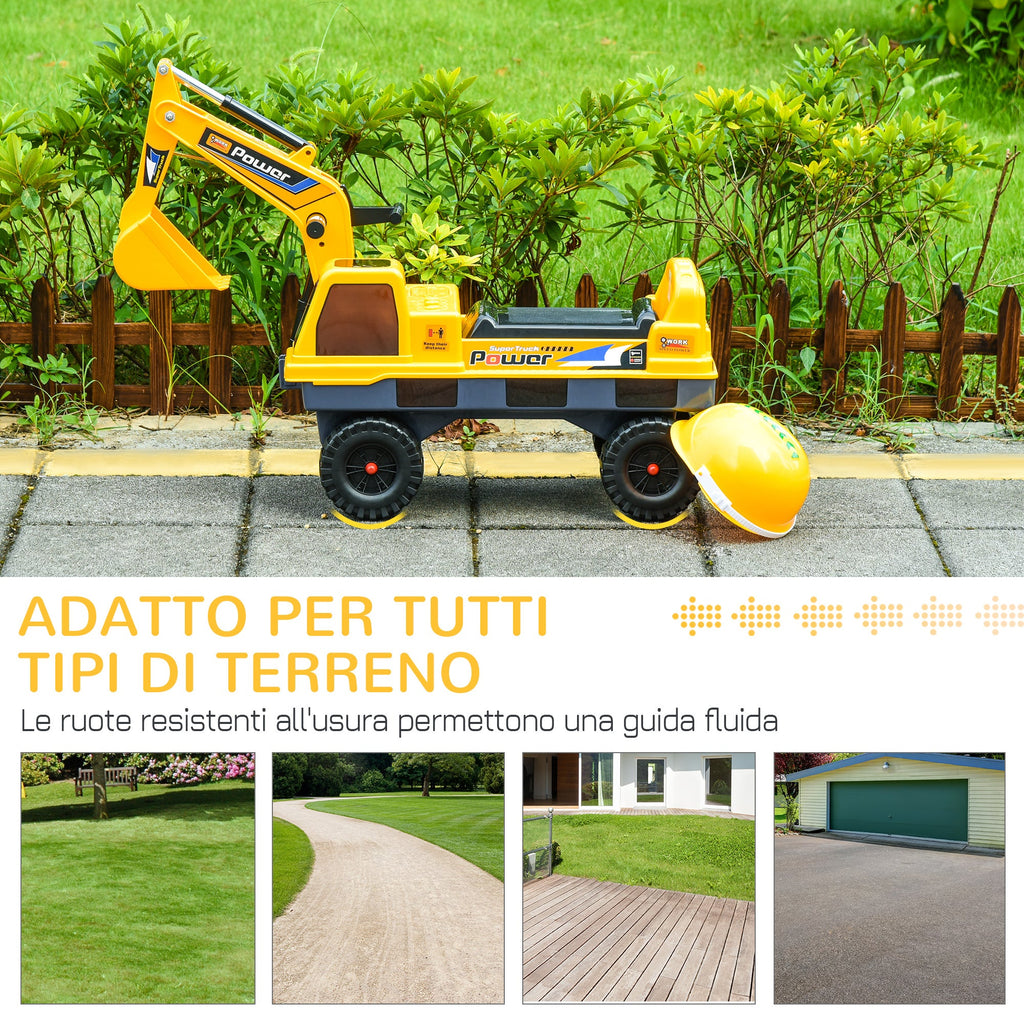 Easycomfort Ruspa Giocattolo 2 in 1 with Escavatore e Mordente, Vano Nascosto, Gioco Cavalcabile Bambini 2-3 Anni, 90x28x58cm, Giallo