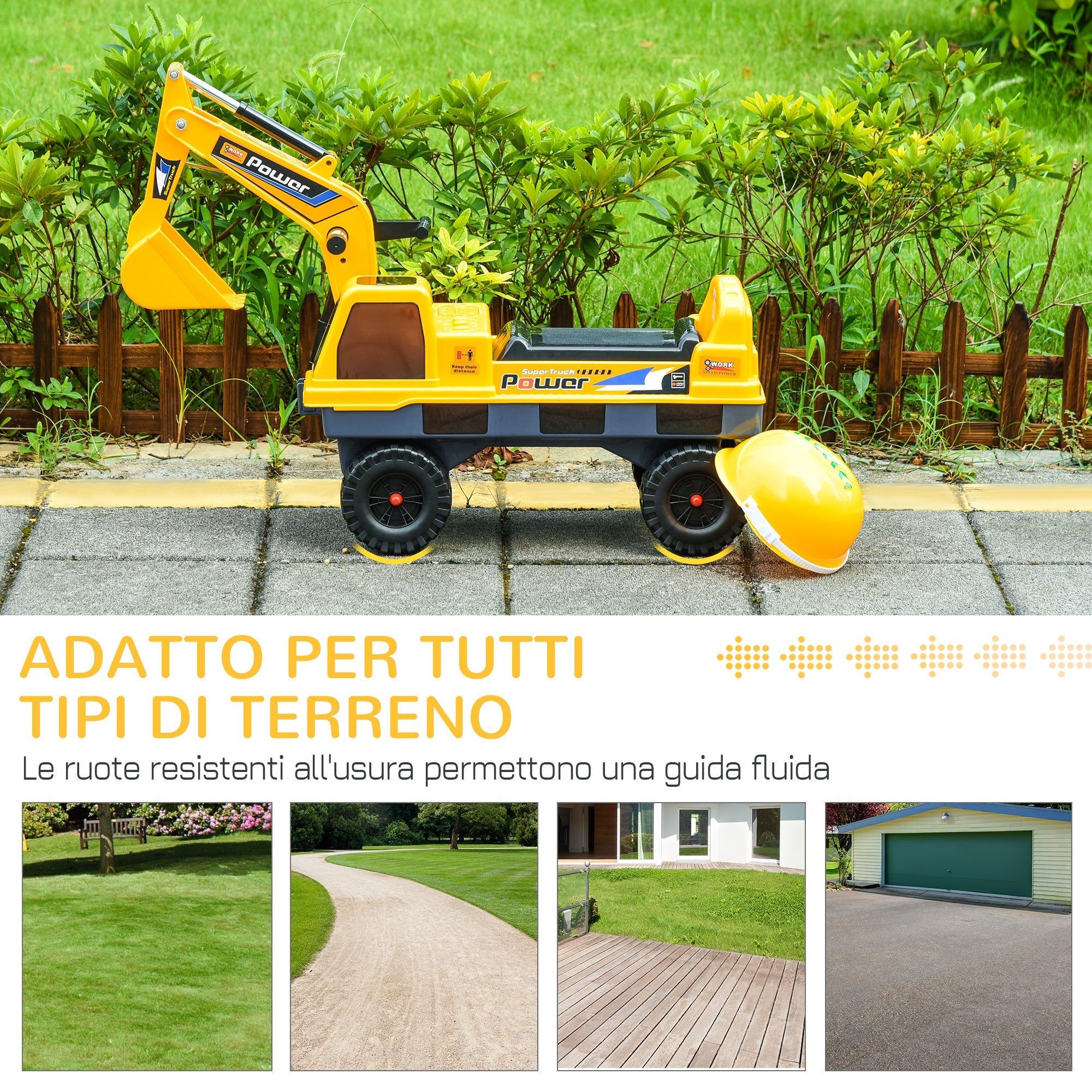 Easycomfort Ruspa Giocattolo 2 in 1 with Escavatore e Mordente, Vano Nascosto, Gioco Cavalcabile Bambini 2-3 Anni, 90x28x58cm, Giallo