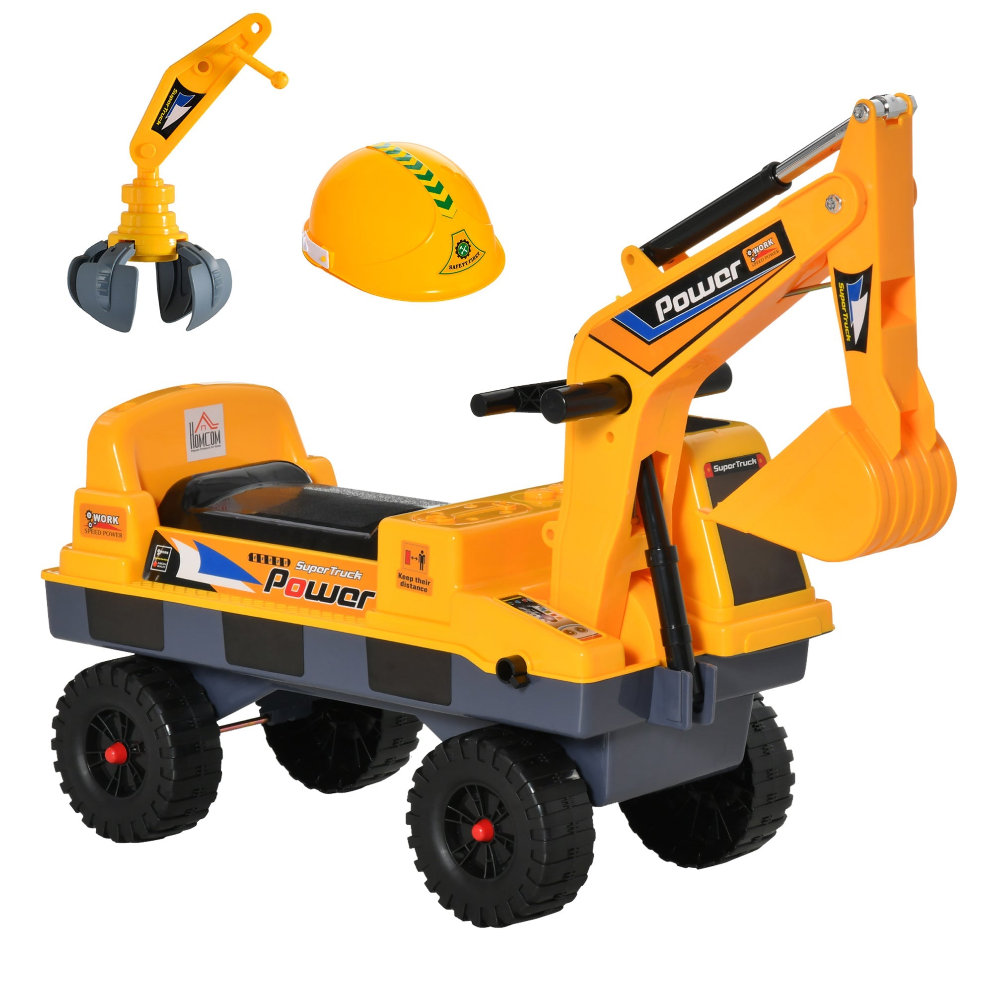 Easycomfort Ruspa Giocattolo 2 in 1 with Escavatore e Mordente, Vano Nascosto, Gioco Cavalcabile Bambini 2-3 Anni, 90x28x58cm, Giallo