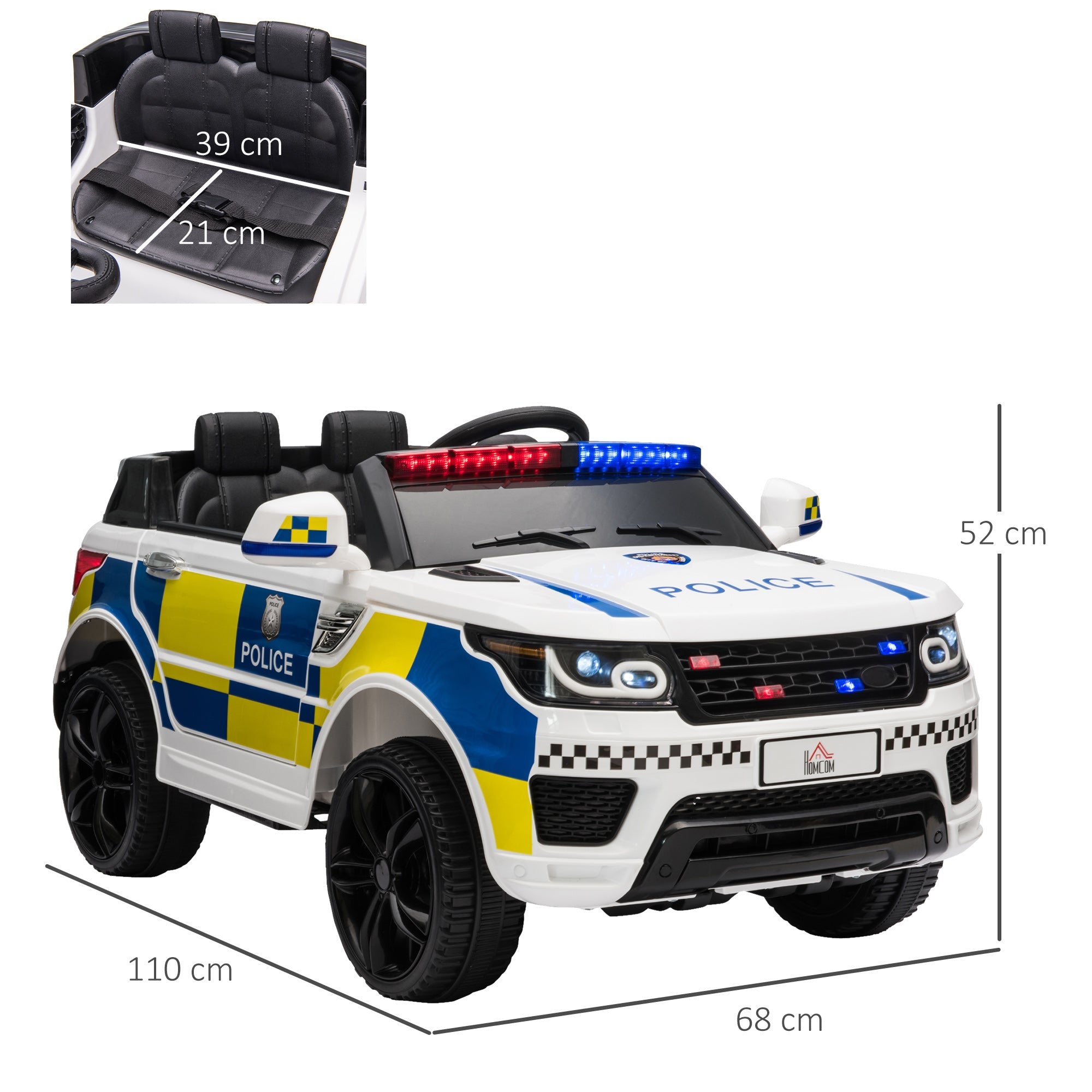 EasyComfort elektrische politieauto voor kinderen 12V met afstandsbediening (110x68x52 cm) - wit