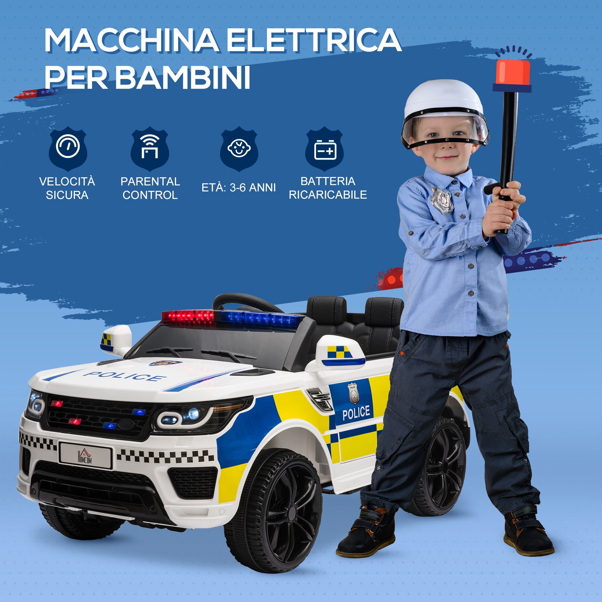 EasyComfort elektrische politieauto voor kinderen 12V met afstandsbediening (110x68x52 cm) - wit