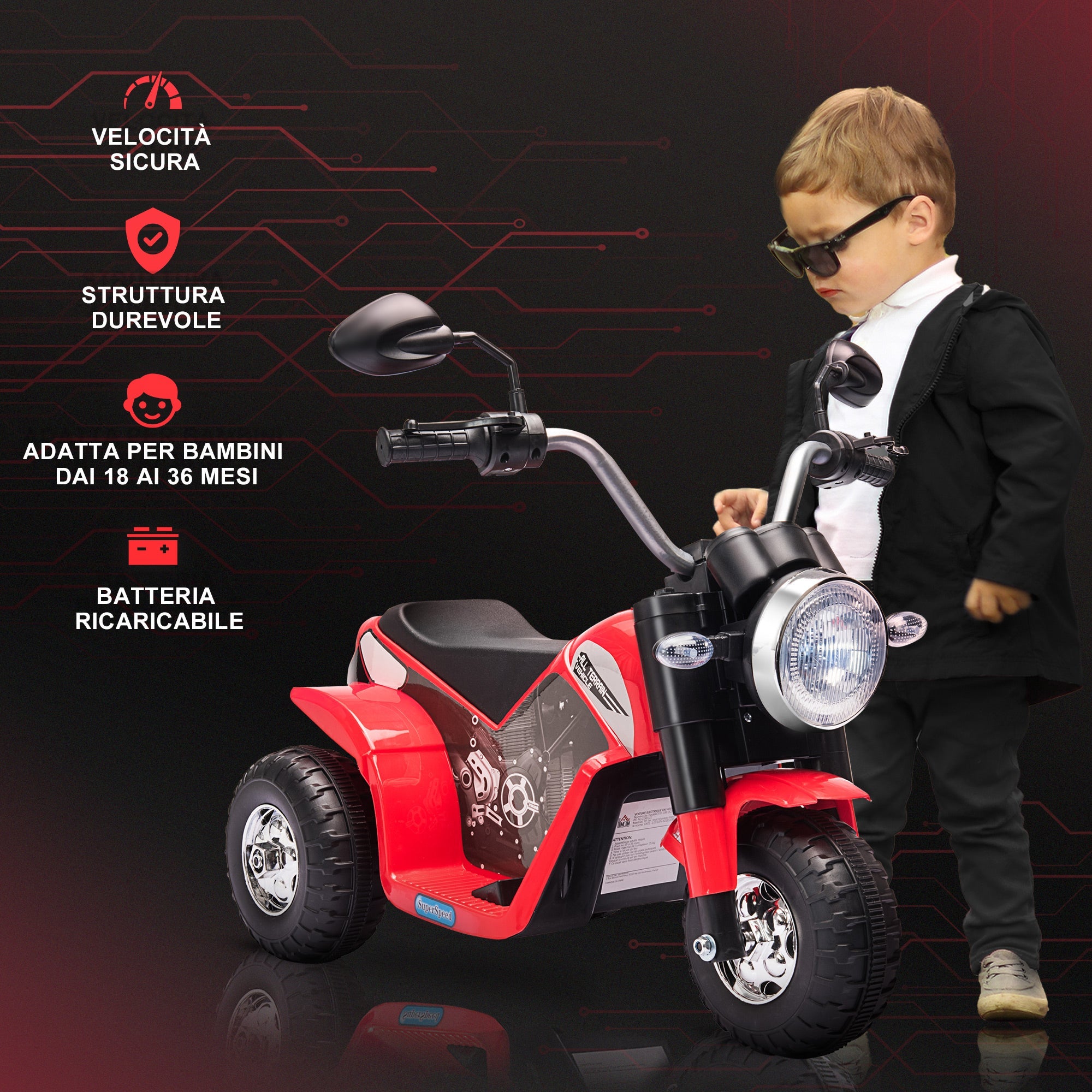 Easycomfort Moto Elettrica per Bambini a 3 Ruote with Luci e Suoni, Batteria Ricaricabile 6V, Velocità 2 km/h, per Bimbi da 18-36 Mesi, 72x57x56cm Rossa