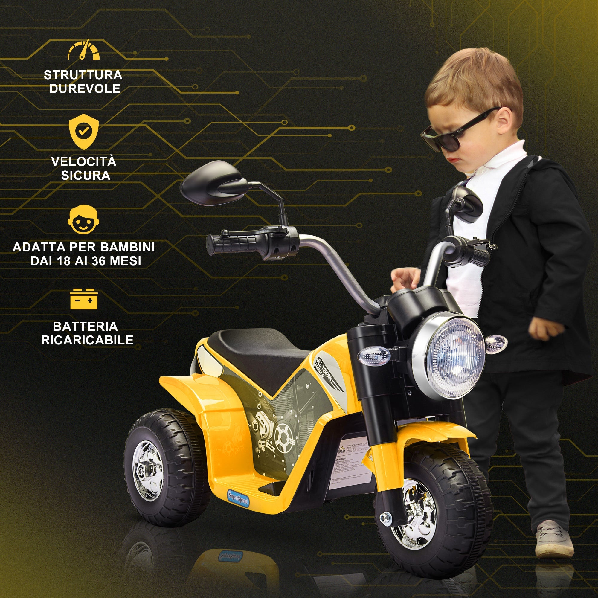 Easycomfort Moto Elettrica per Bambini a 3 Ruote with Luci e Suoni, Batteria Ricaricabile 6V, Velocità 2 km/h, per Bimbi da 18-36 Mesi, 72cmx57cmx56cm Gialla