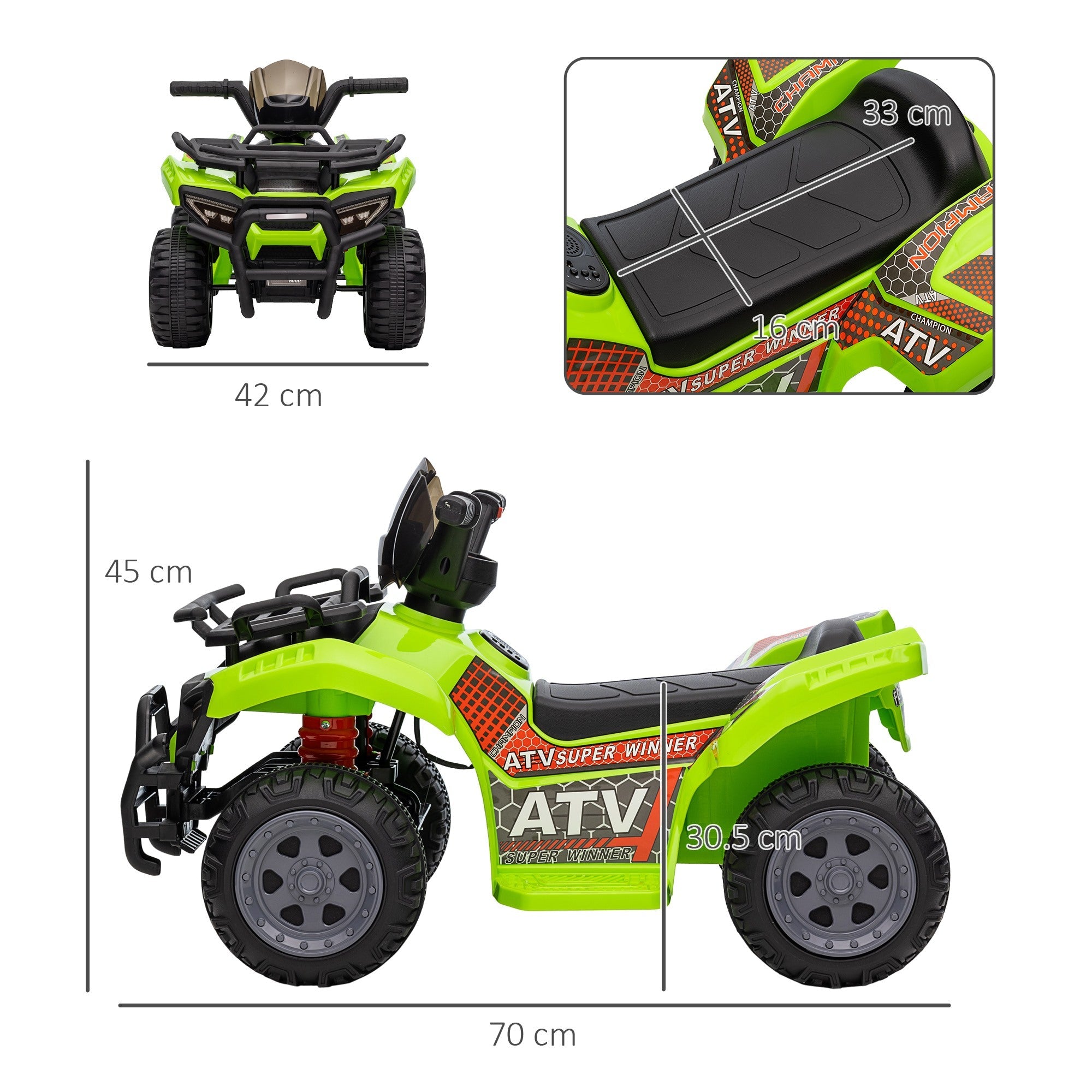 Easycomfort Quad Elettrico per Bambini 18-36 Mesi with Batteria Ricaricabile 6V e Fari, in Metallo e PP, 66x44x42 cm, Verde