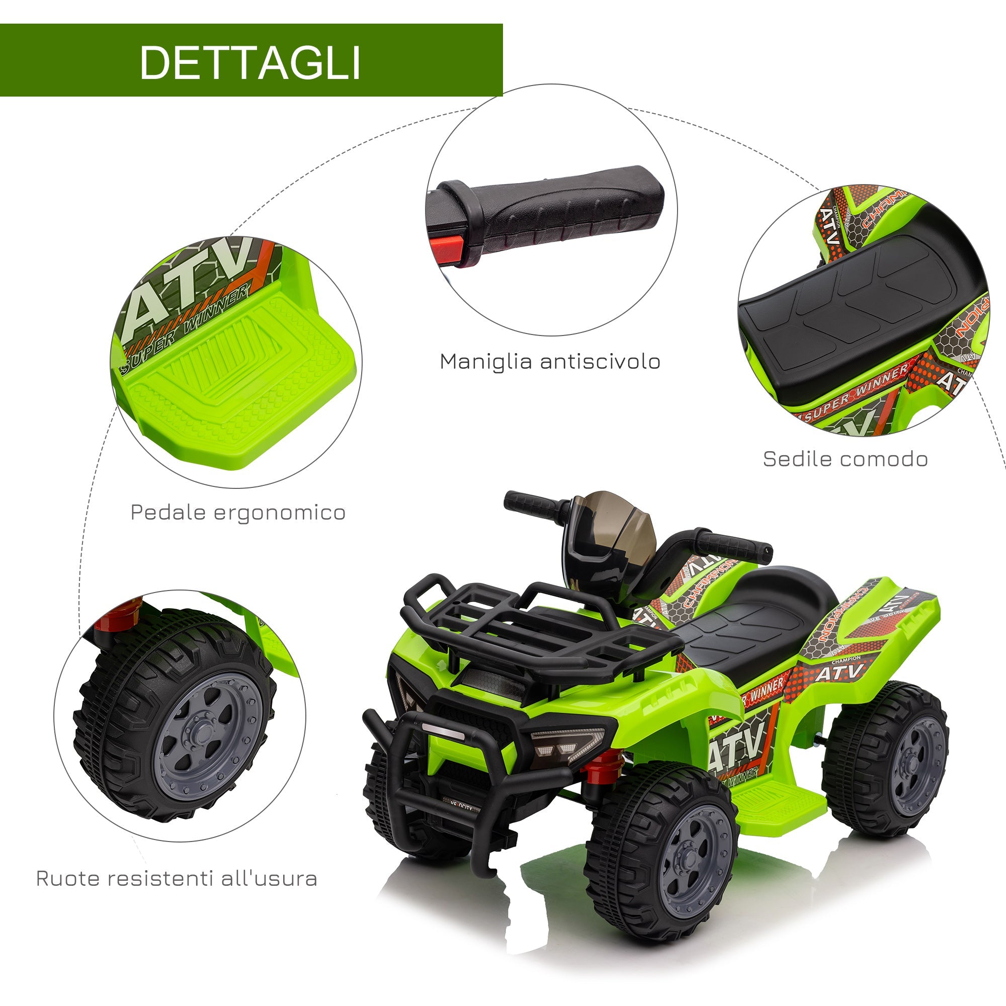 Easycomfort Quad Elettrico per Bambini 18-36 Mesi with Batteria Ricaricabile 6V e Fari, in Metallo e PP, 66x44x42 cm, Verde