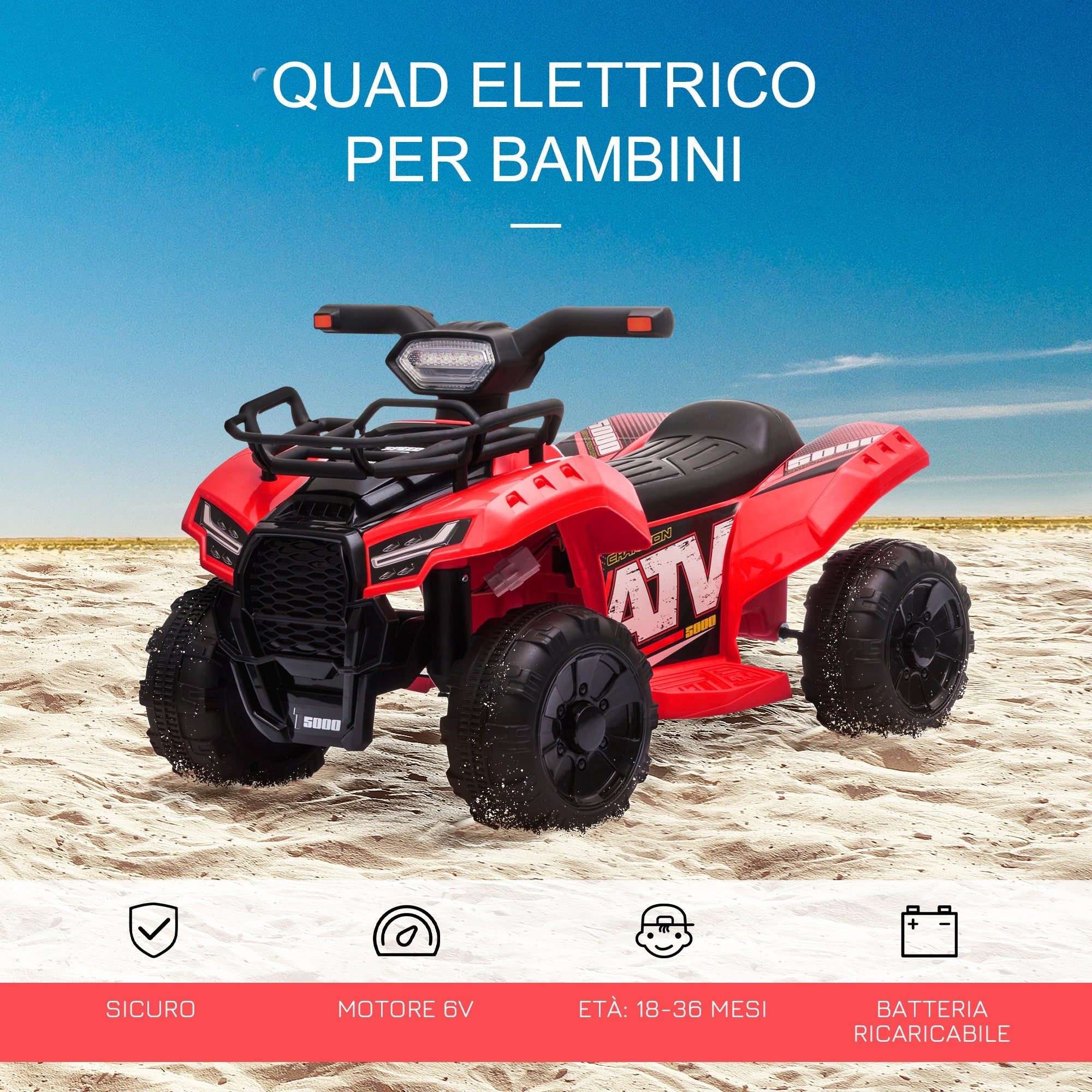 Easycomfort Quad Elettrico per Bambini with Batteria Ricaricabile 6V, Pulsante Acceleratore, Età 18-36 Mesi, 70x42x45cm, Rosso