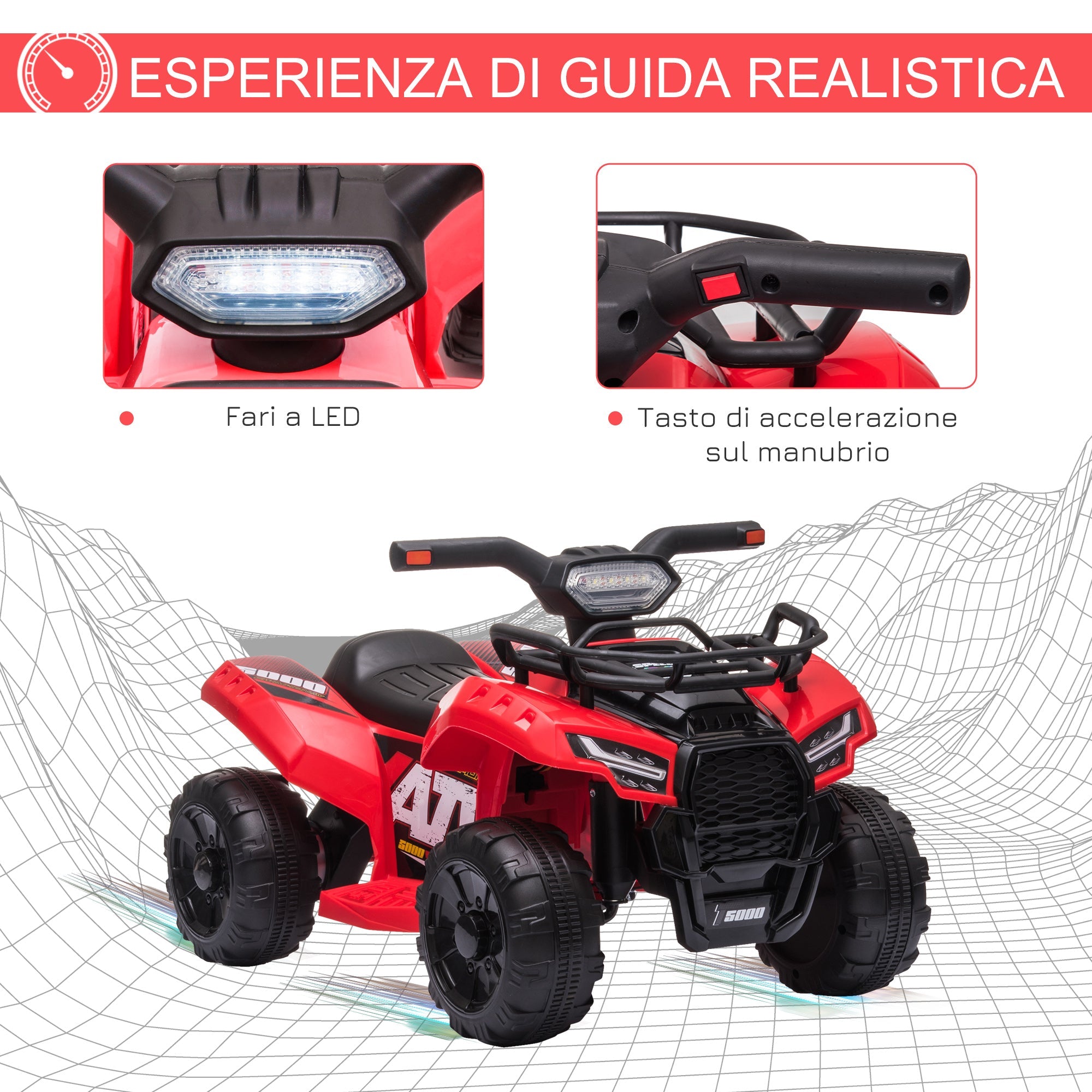 Easycomfort Quad Elettrico per Bambini with Batteria Ricaricabile 6V, Pulsante Acceleratore, Età 18-36 Mesi, 70x42x45cm, Rosso