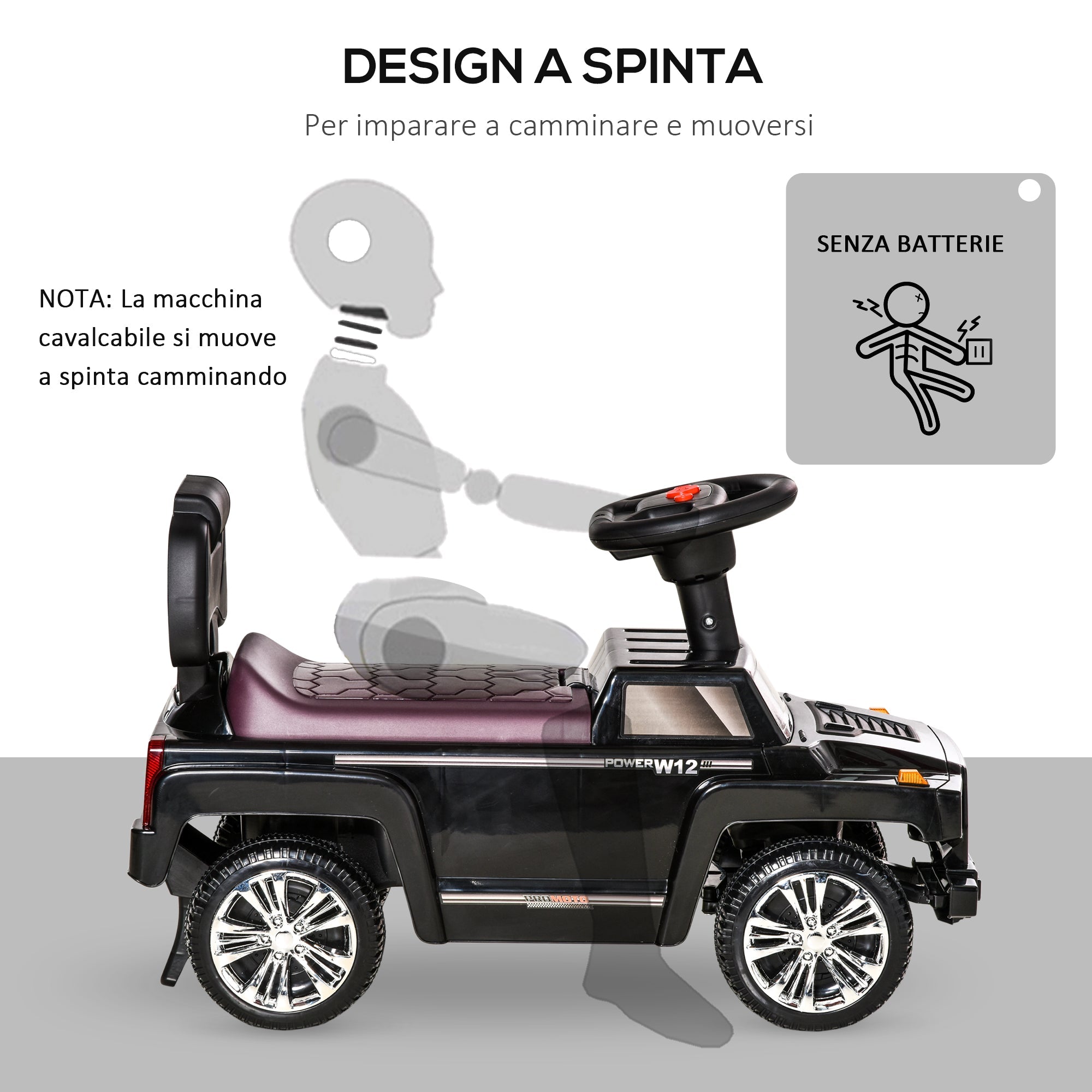 Easycomfort Macchina Giocattolo Fuoristrada per Bambini Cavalcabile with Volante, Fari e Musiche, Età 18-36 Mesi, 68x30.5x41.5cm, black