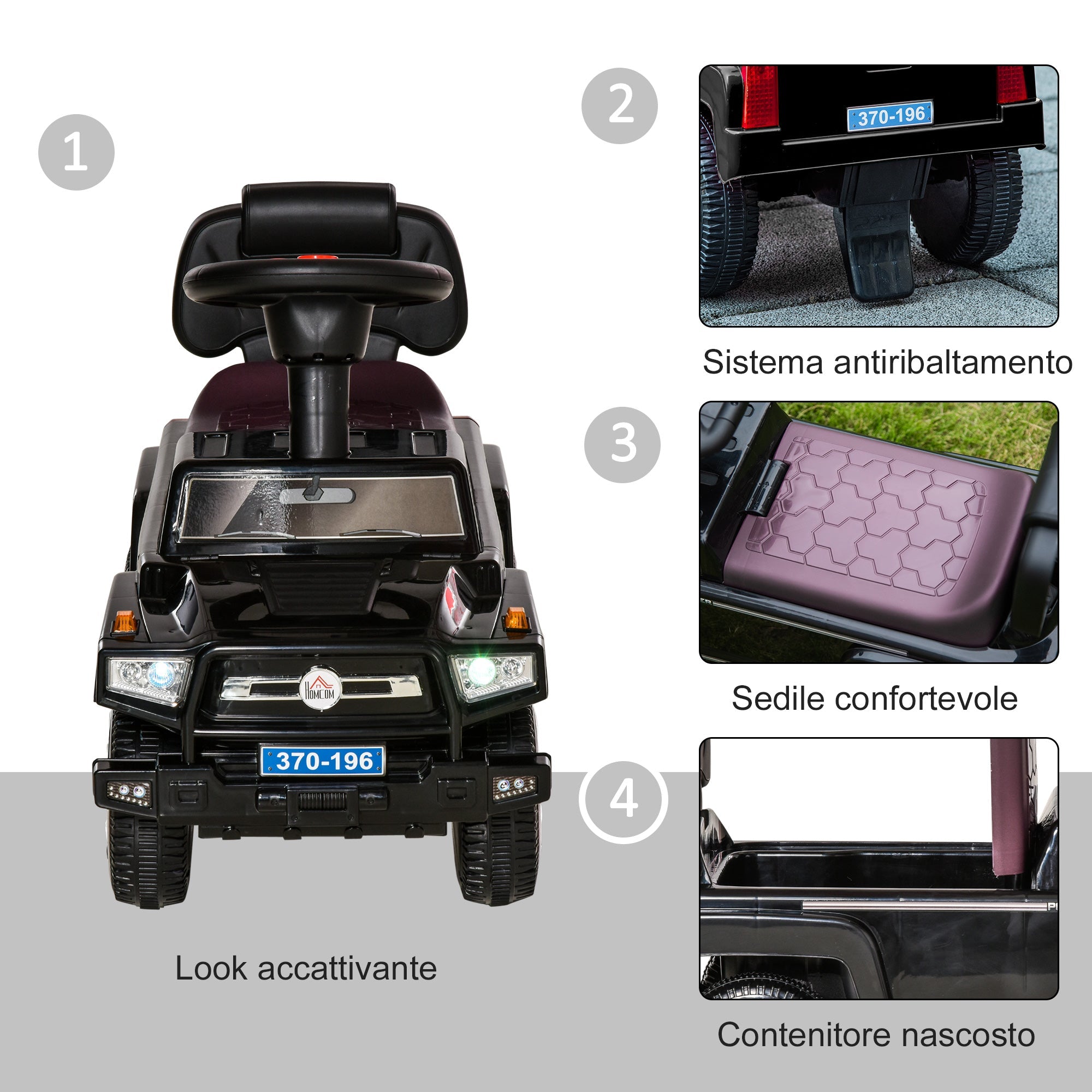 Easycomfort Macchina Giocattolo Fuoristrada per Bambini Cavalcabile with Volante, Fari e Musiche, Età 18-36 Mesi, 68x30.5x41.5cm, black