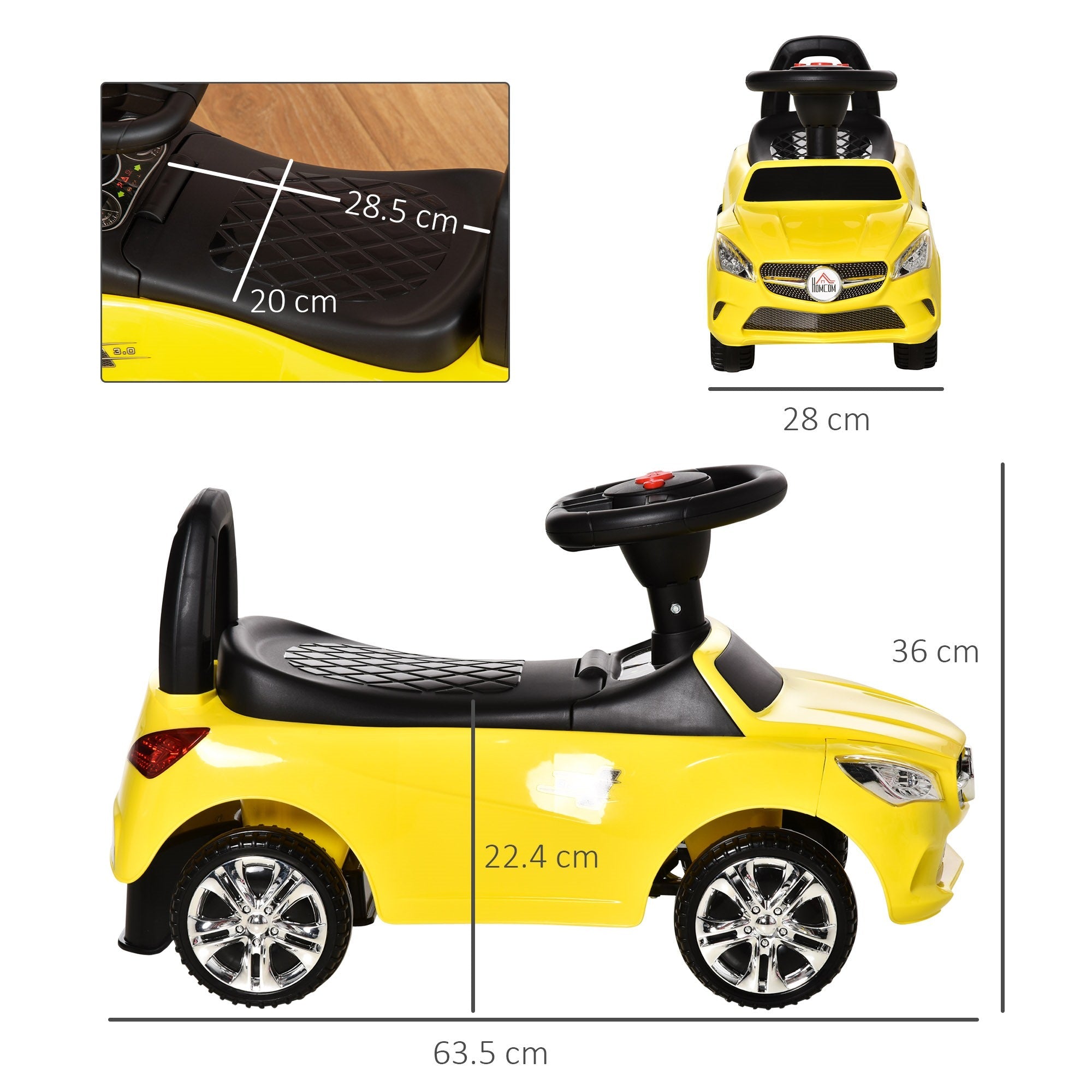 Easycomfort Macchina Giocattolo per Bambini Cavalcabile with Volante, Musiche e Fari, Età 18-36 Mesi, 63.5x28x36cm, Giallo