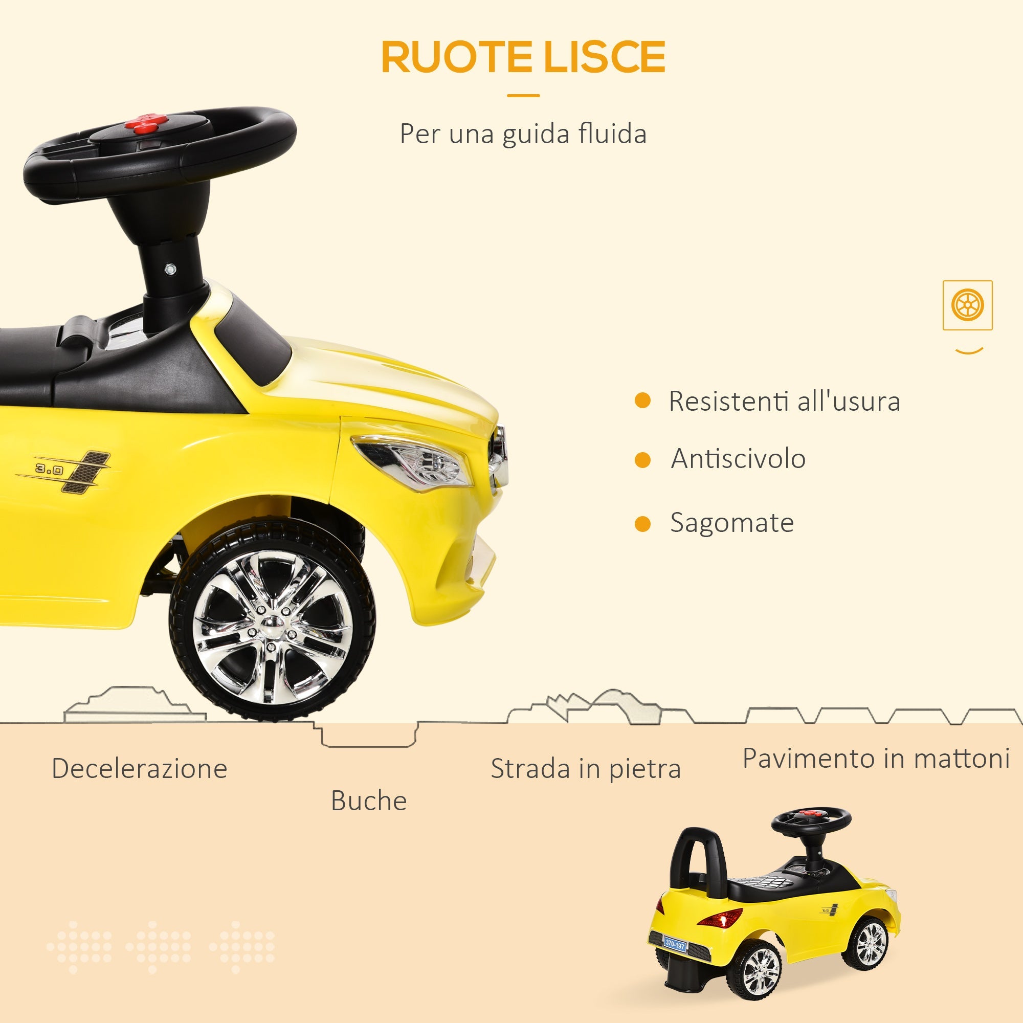 Easycomfort Macchina Giocattolo per Bambini Cavalcabile with Volante, Musiche e Fari, Età 18-36 Mesi, 63.5x28x36cm, Giallo