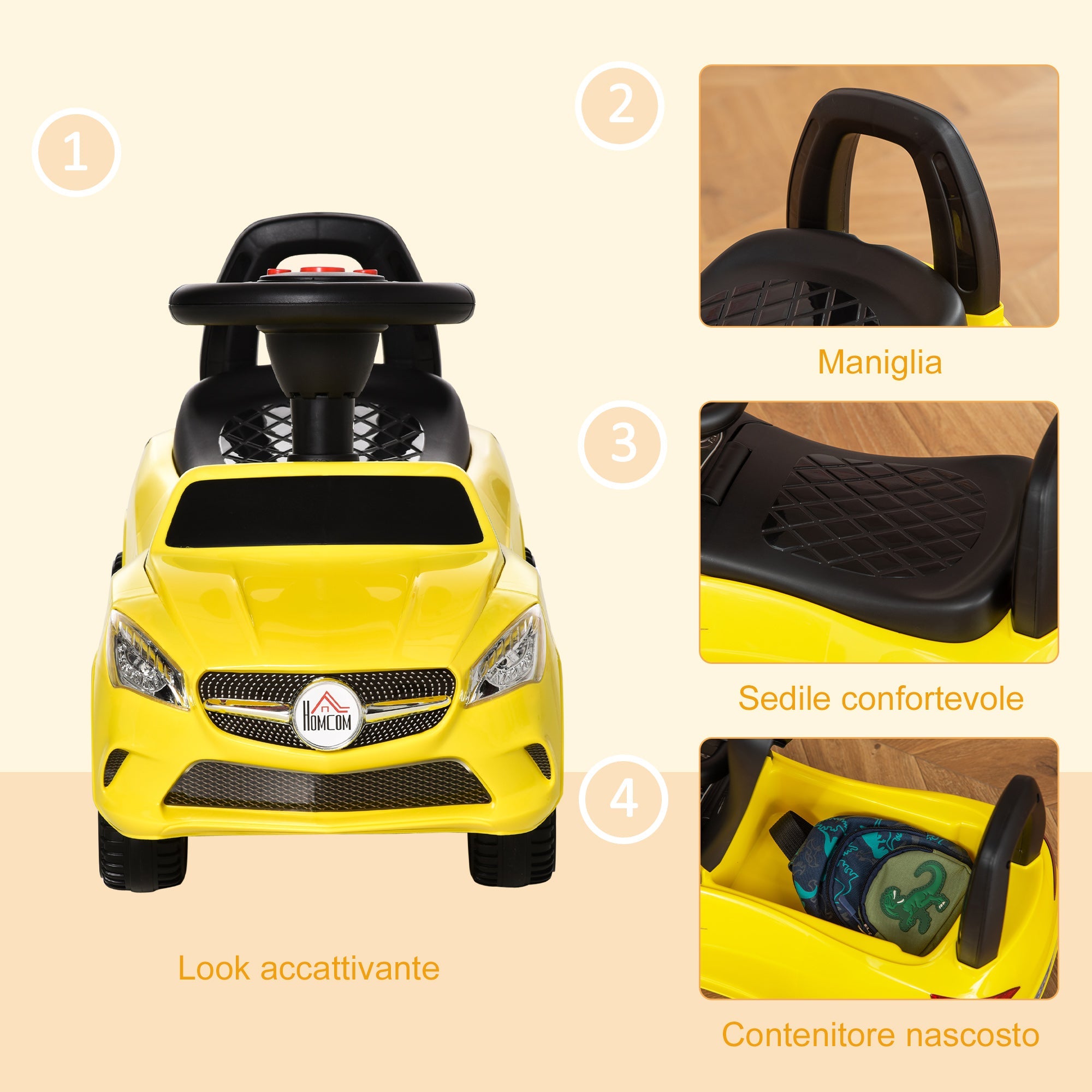 Easycomfort Macchina Giocattolo per Bambini Cavalcabile with Volante, Musiche e Fari, Età 18-36 Mesi, 63.5x28x36cm, Giallo
