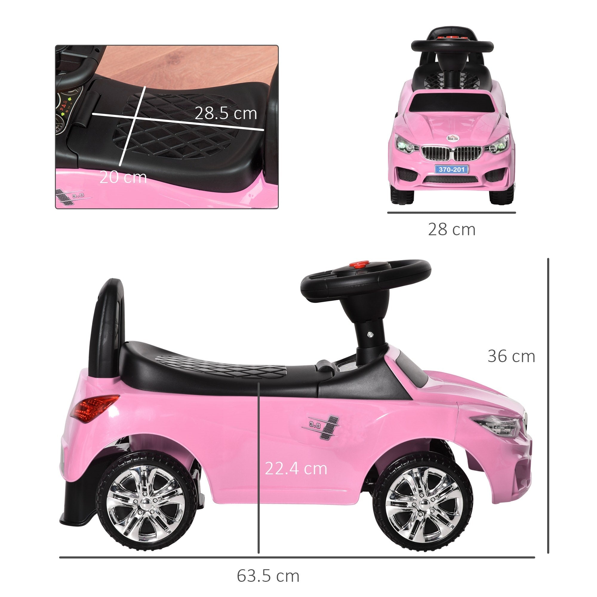Easycomfort Macchinina per Bambini Cavalcabile with Volante, Fari e Musiche Integrate, Età 18-36 Mesi, 63.5x28x36cm, Rosa